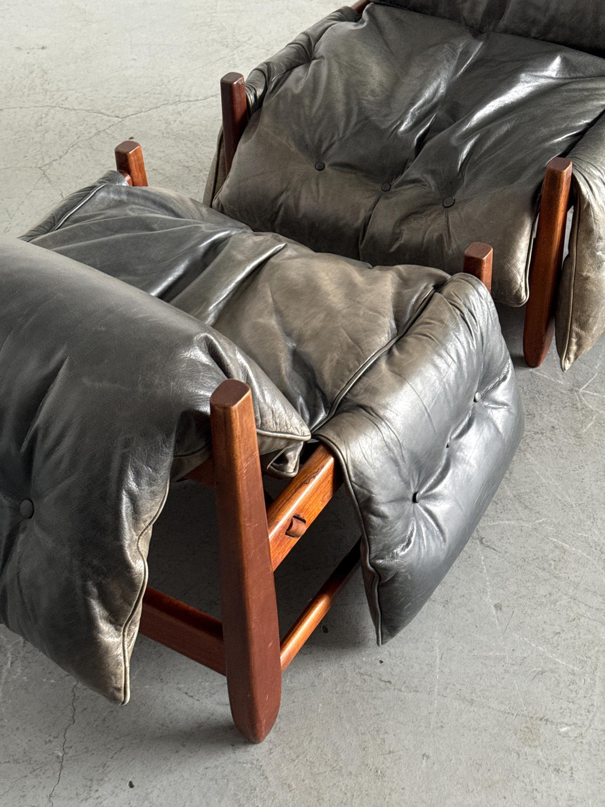 Brazilian Brutalist Hardwood Lounge Chairs in Charcoal Leather
