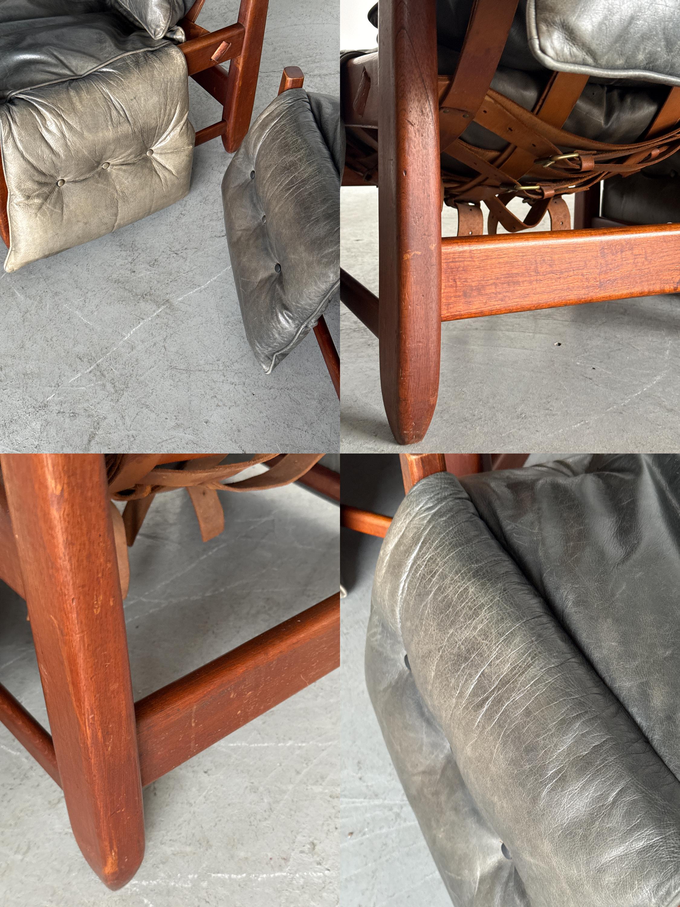 Brazilian Brutalist Hardwood Lounge Chairs in Charcoal Leather