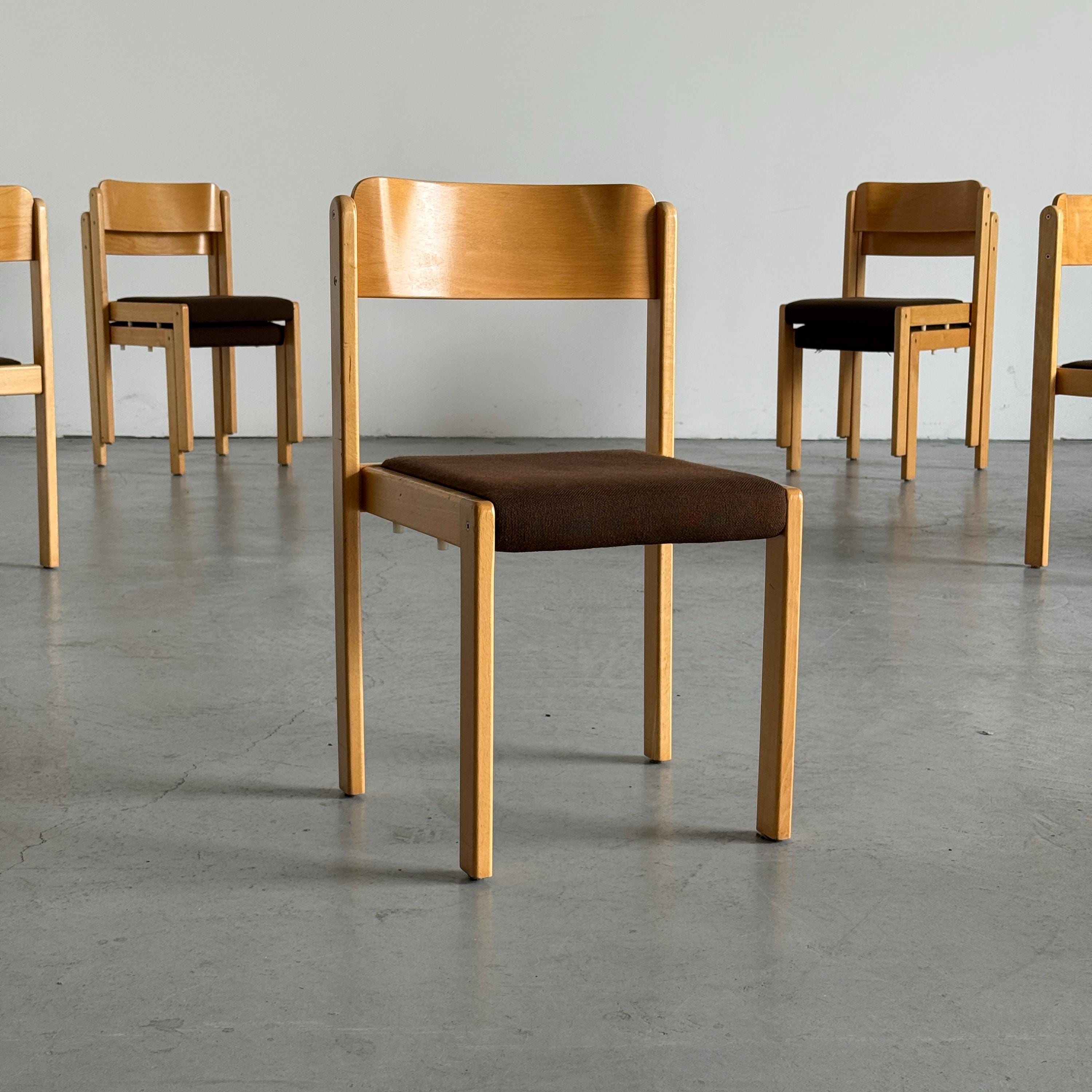 Minimal Beech Stacking Chairs with Brown Upholstery
