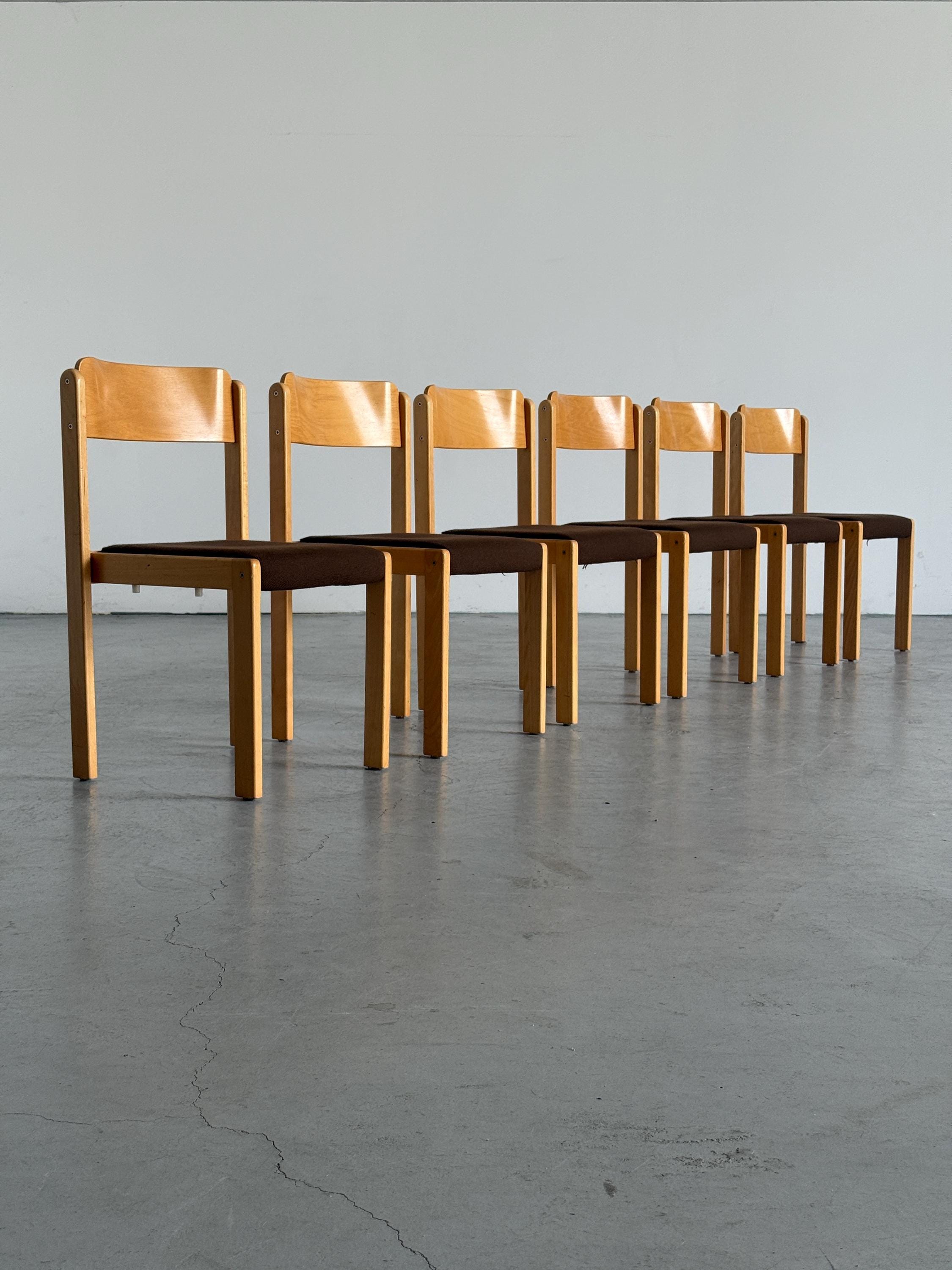 Minimal Beech Stacking Chairs with Brown Upholstery