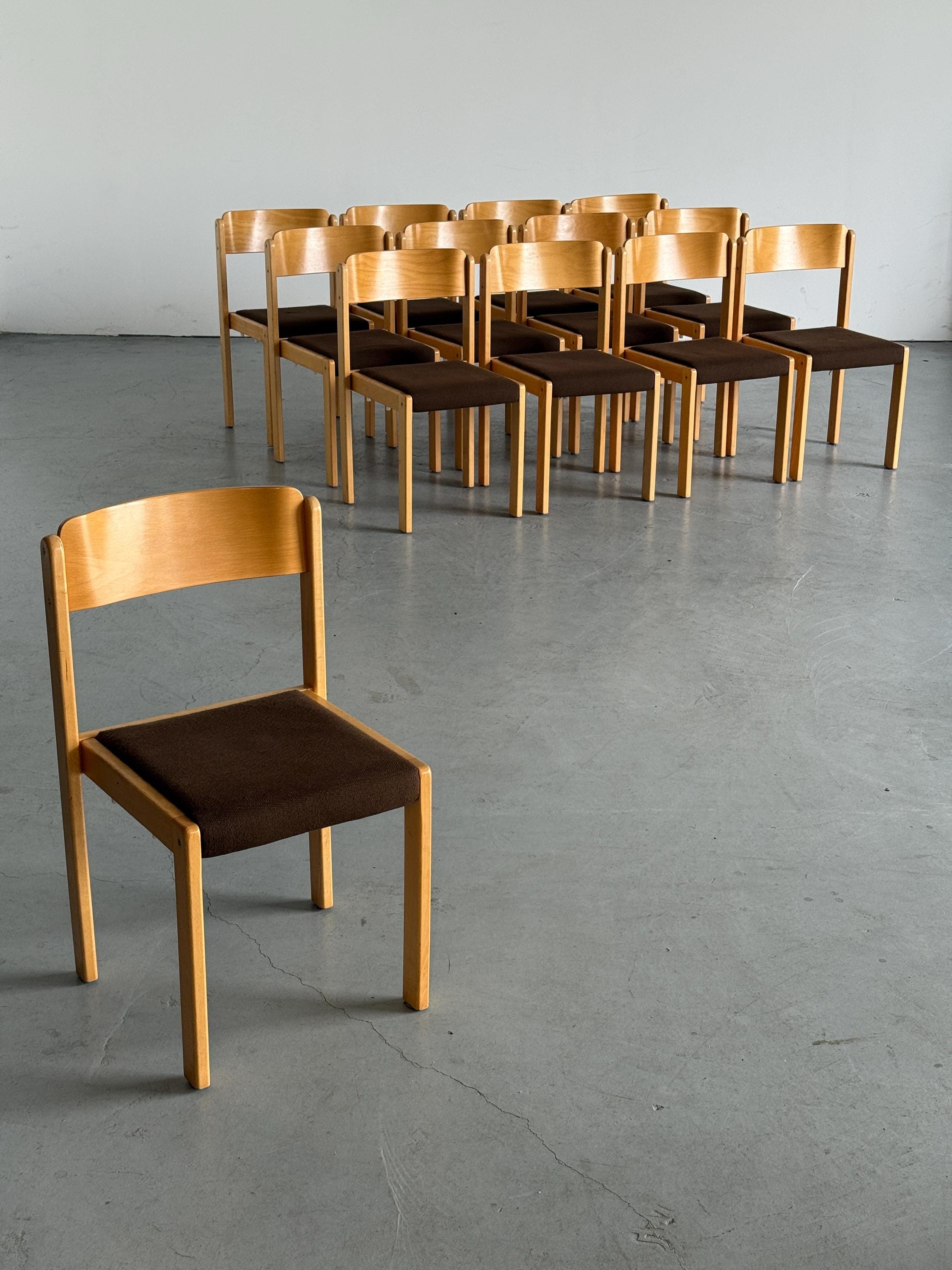 Minimal Beech Stacking Chairs with Brown Upholstery