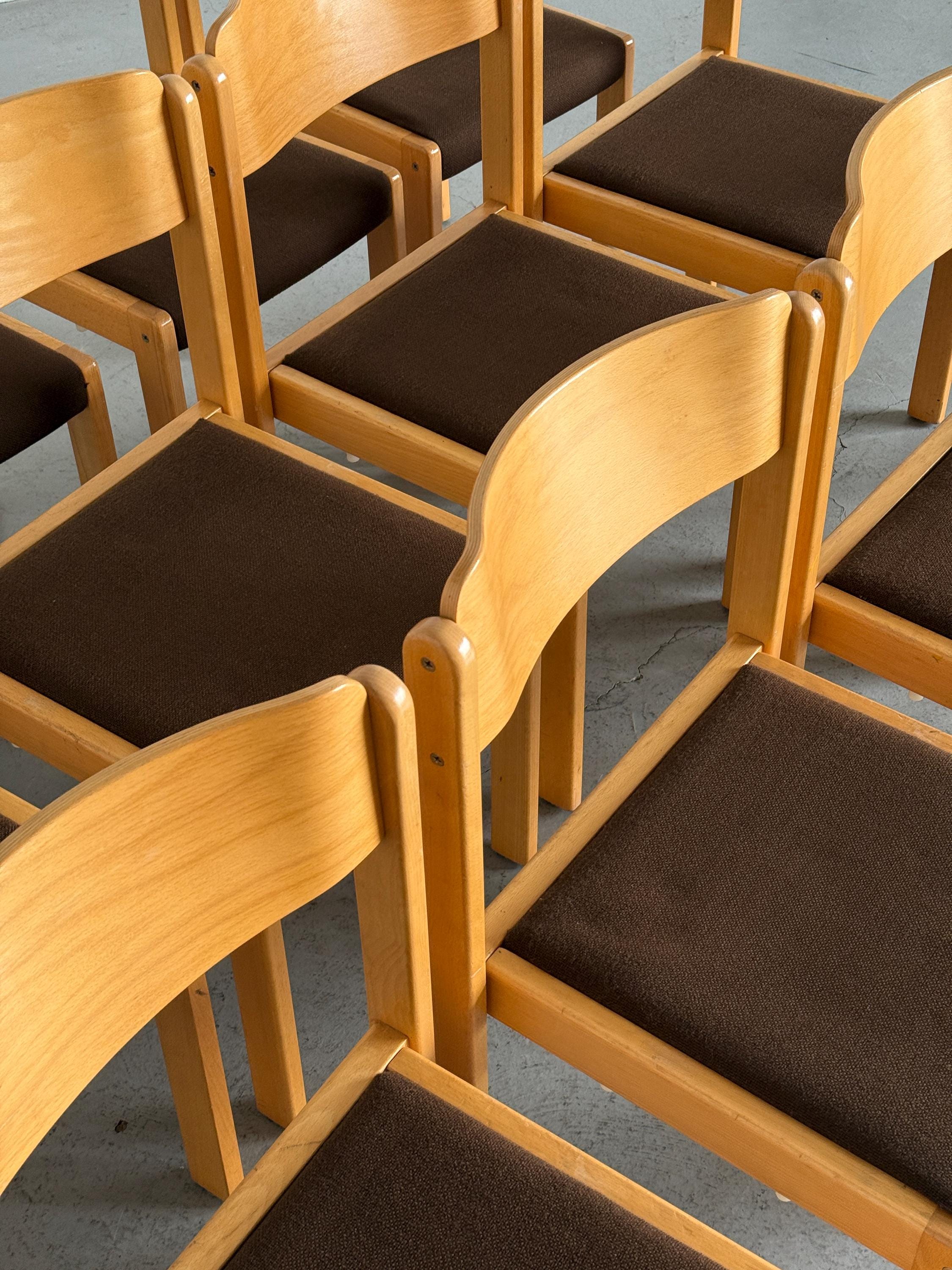 Minimal Beech Stacking Chairs with Brown Upholstery