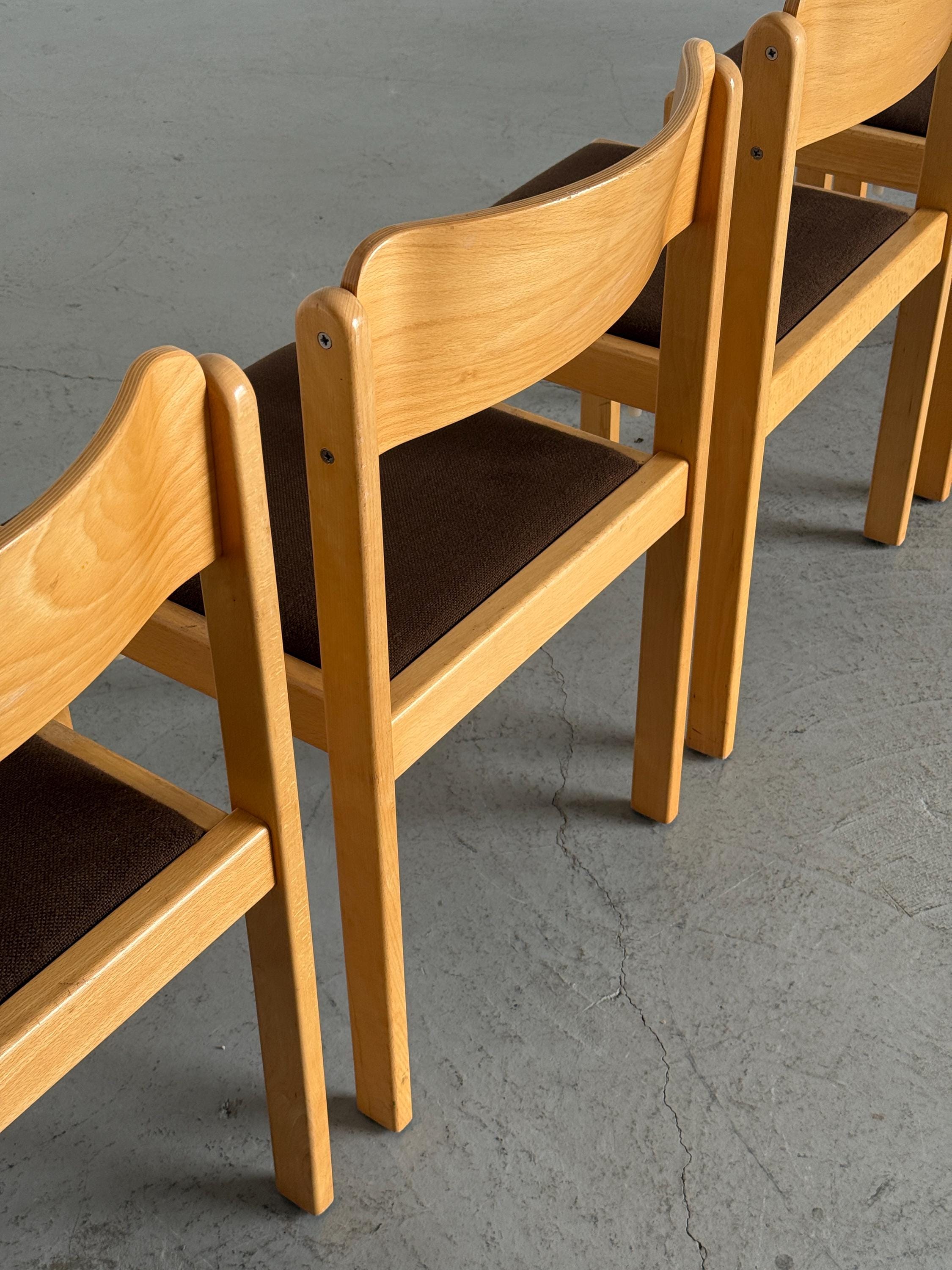 Minimal Beech Stacking Chairs with Brown Upholstery