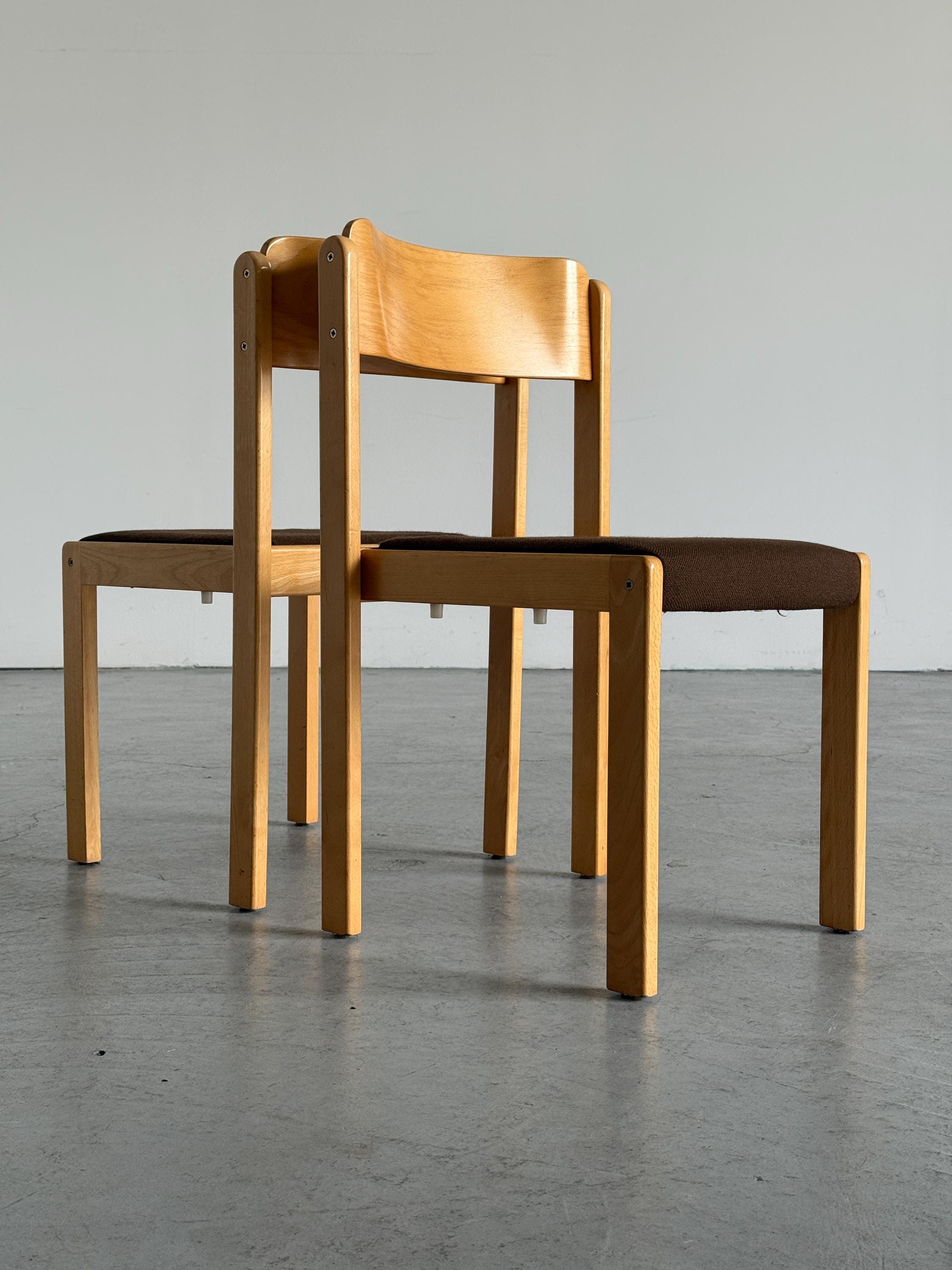 Minimal Beech Stacking Chairs with Brown Upholstery