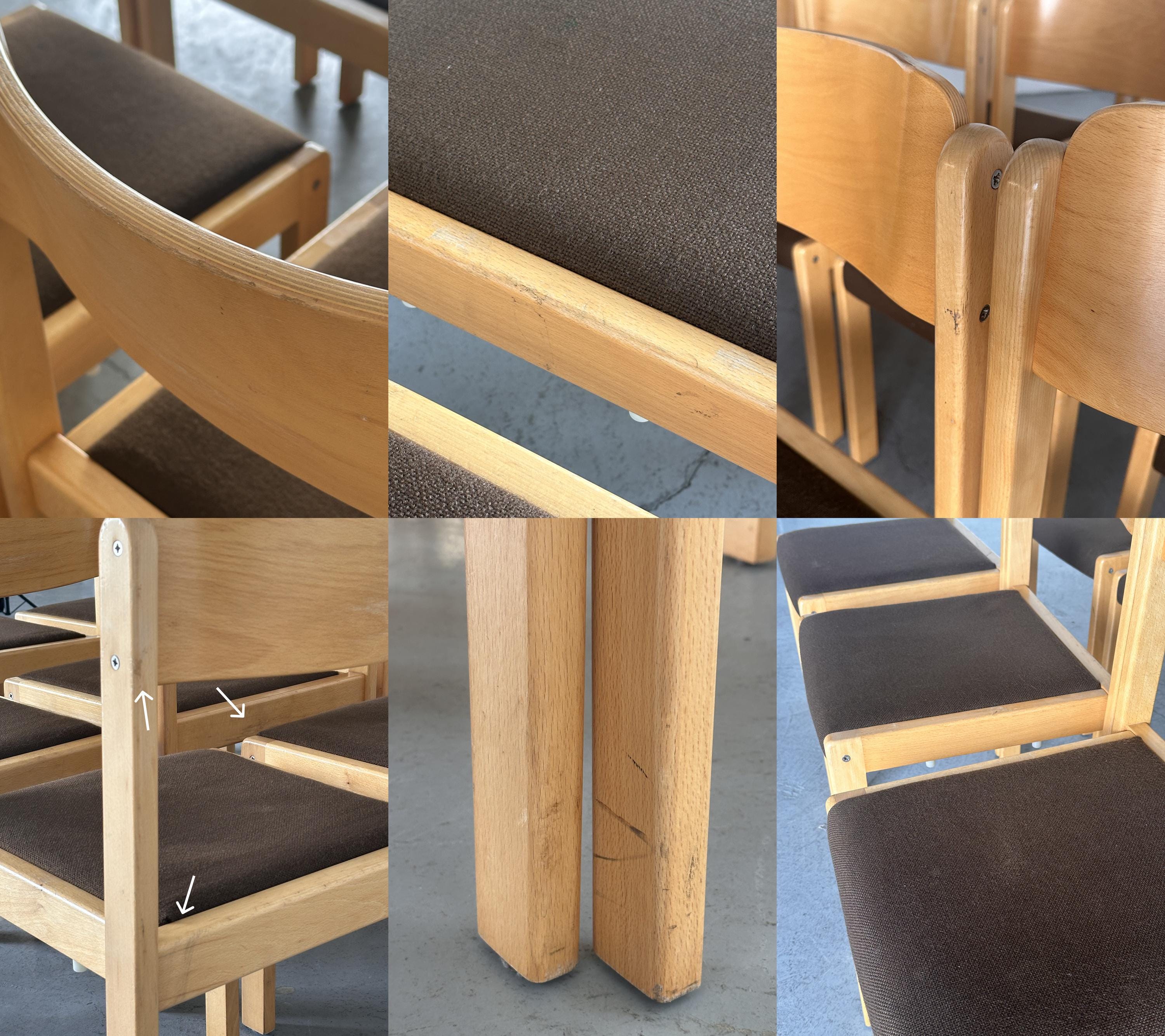Minimal Beech Stacking Chairs with Brown Upholstery