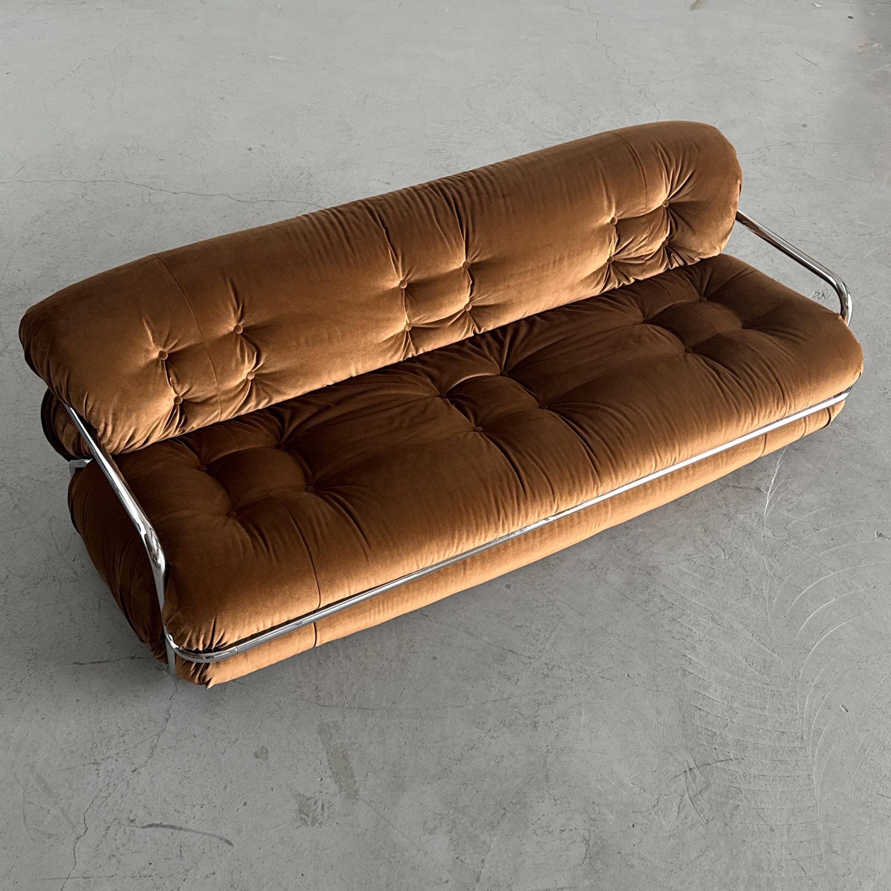 Tufted Chromed Tubular Steel Sofa by Mario Sabot