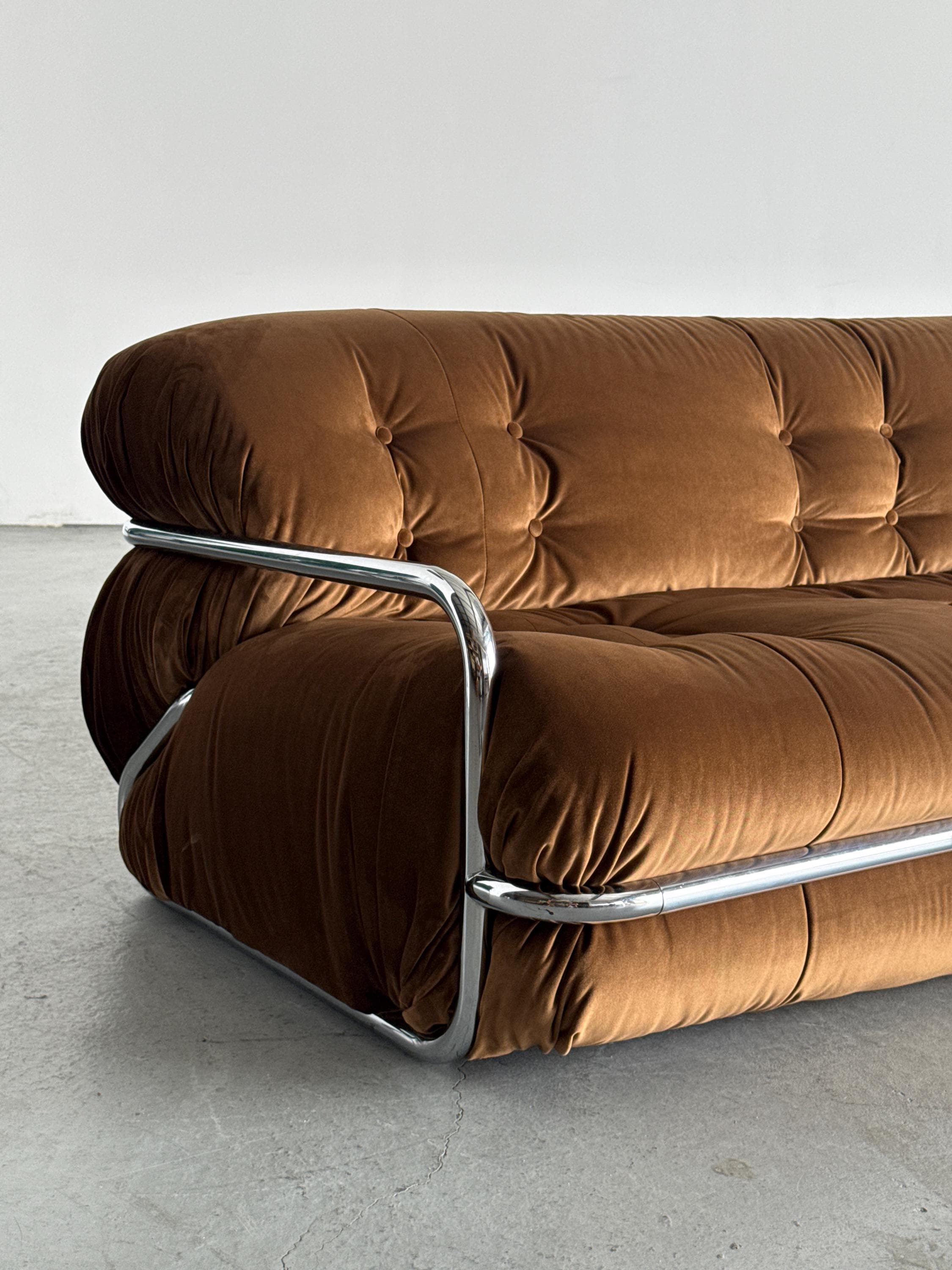 Tufted Chromed Tubular Steel Sofa by Mario Sabot