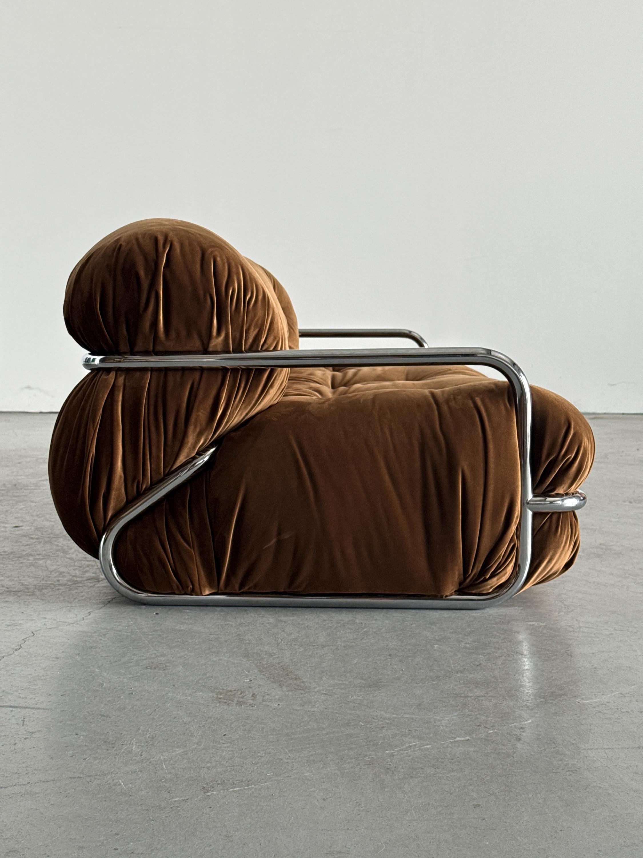 Tufted Chromed Tubular Steel Sofa by Mario Sabot