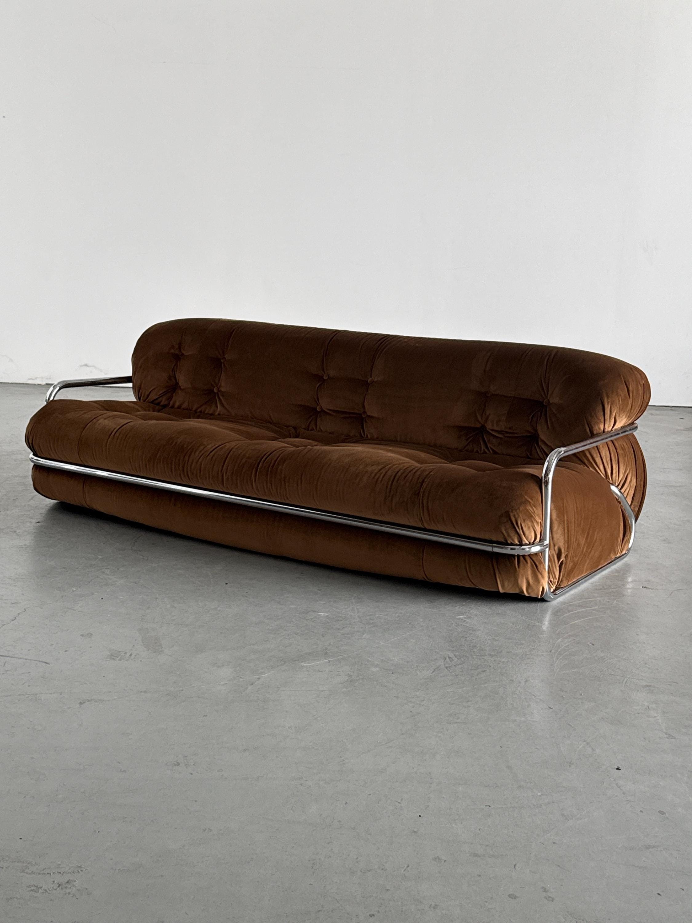 Tufted Chromed Tubular Steel Sofa by Mario Sabot