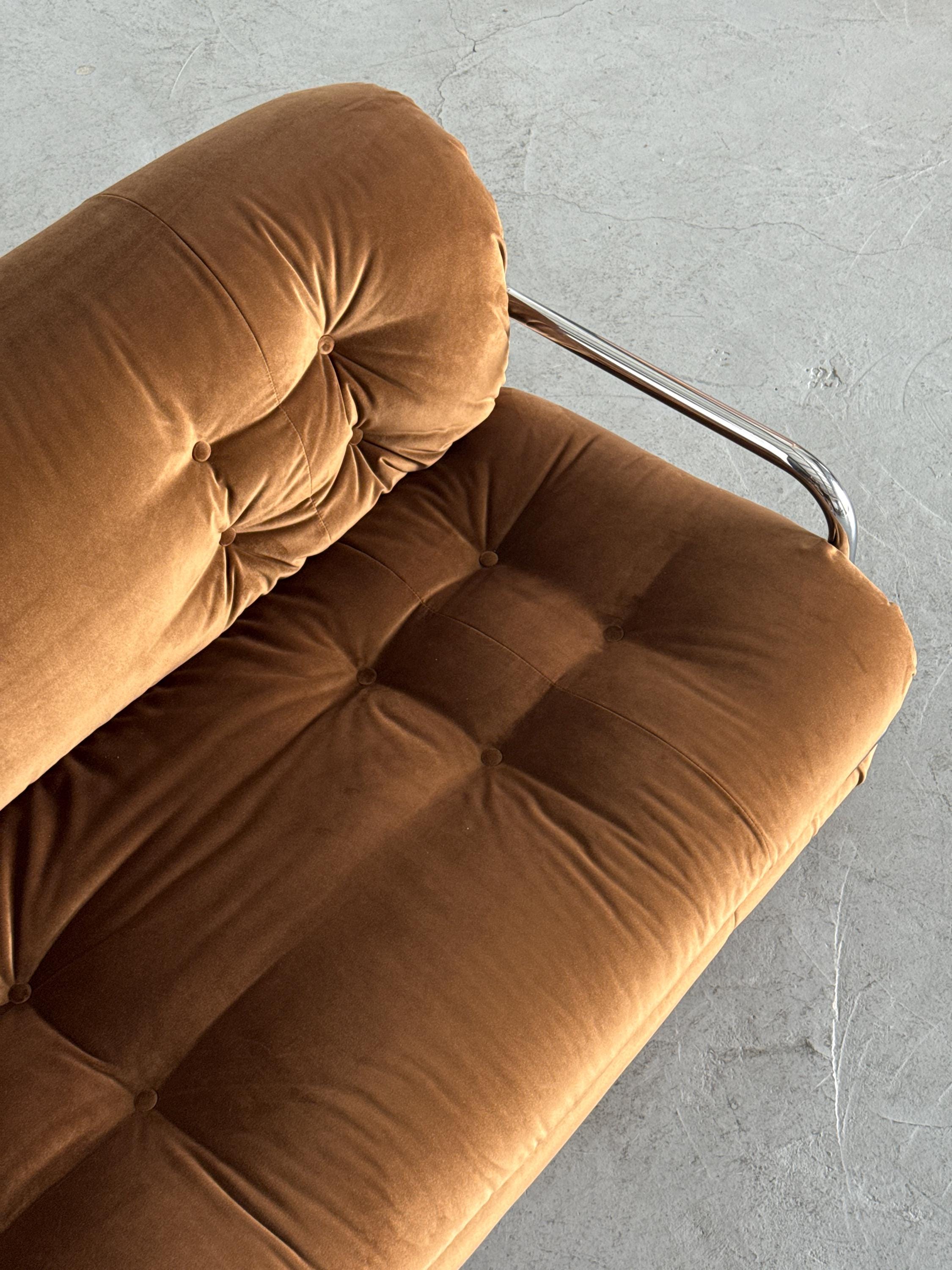 Tufted Chromed Tubular Steel Sofa by Mario Sabot
