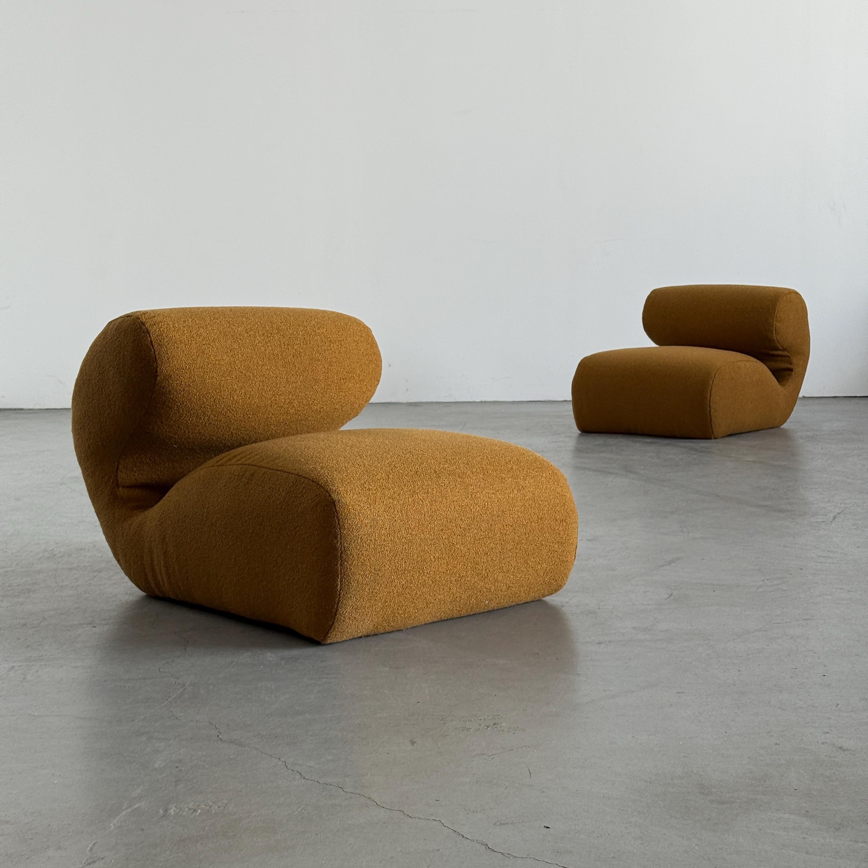 Sculptural Lounge Chairs in Ochre Bouclé