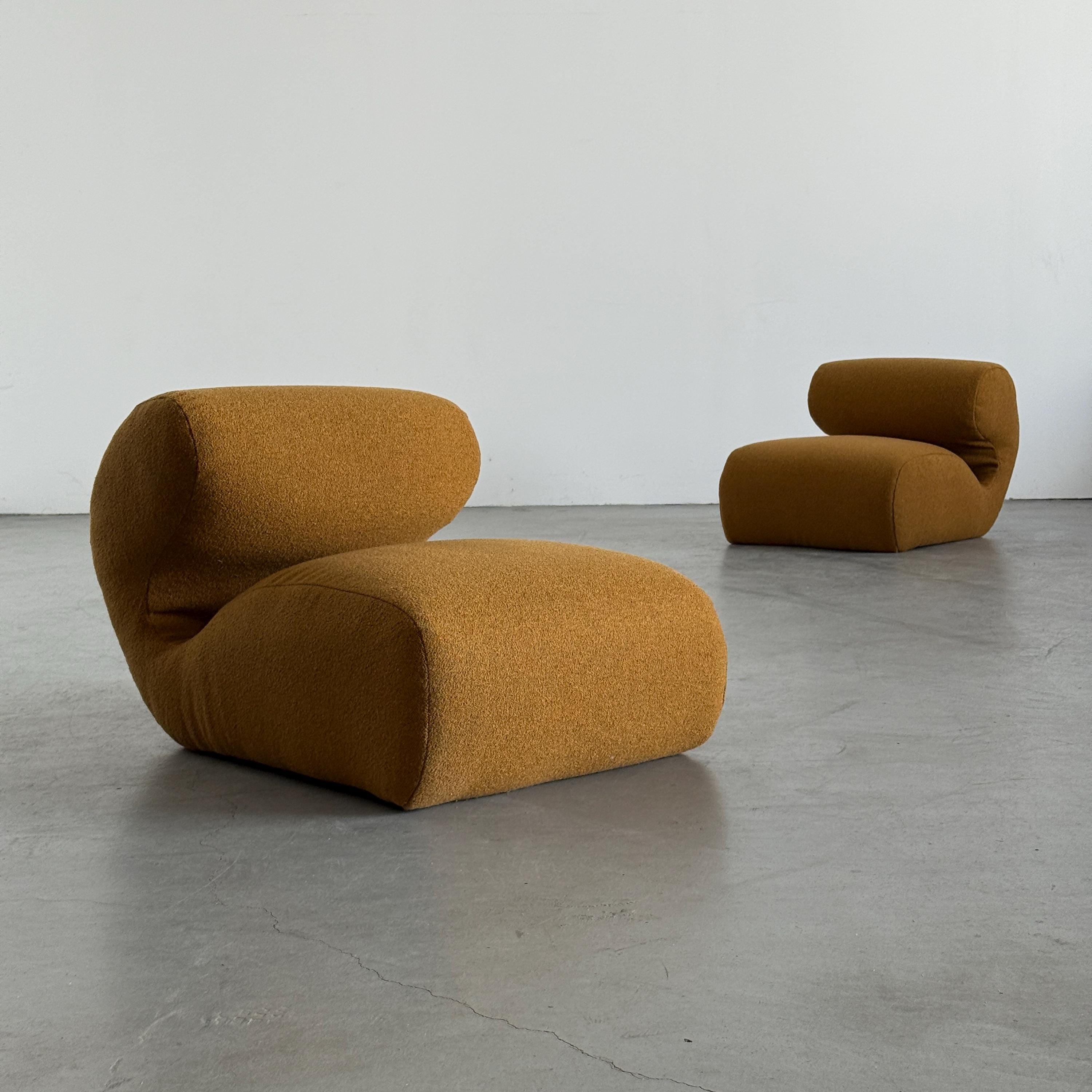 Sculptural Lounge Chairs in Ochre Bouclé