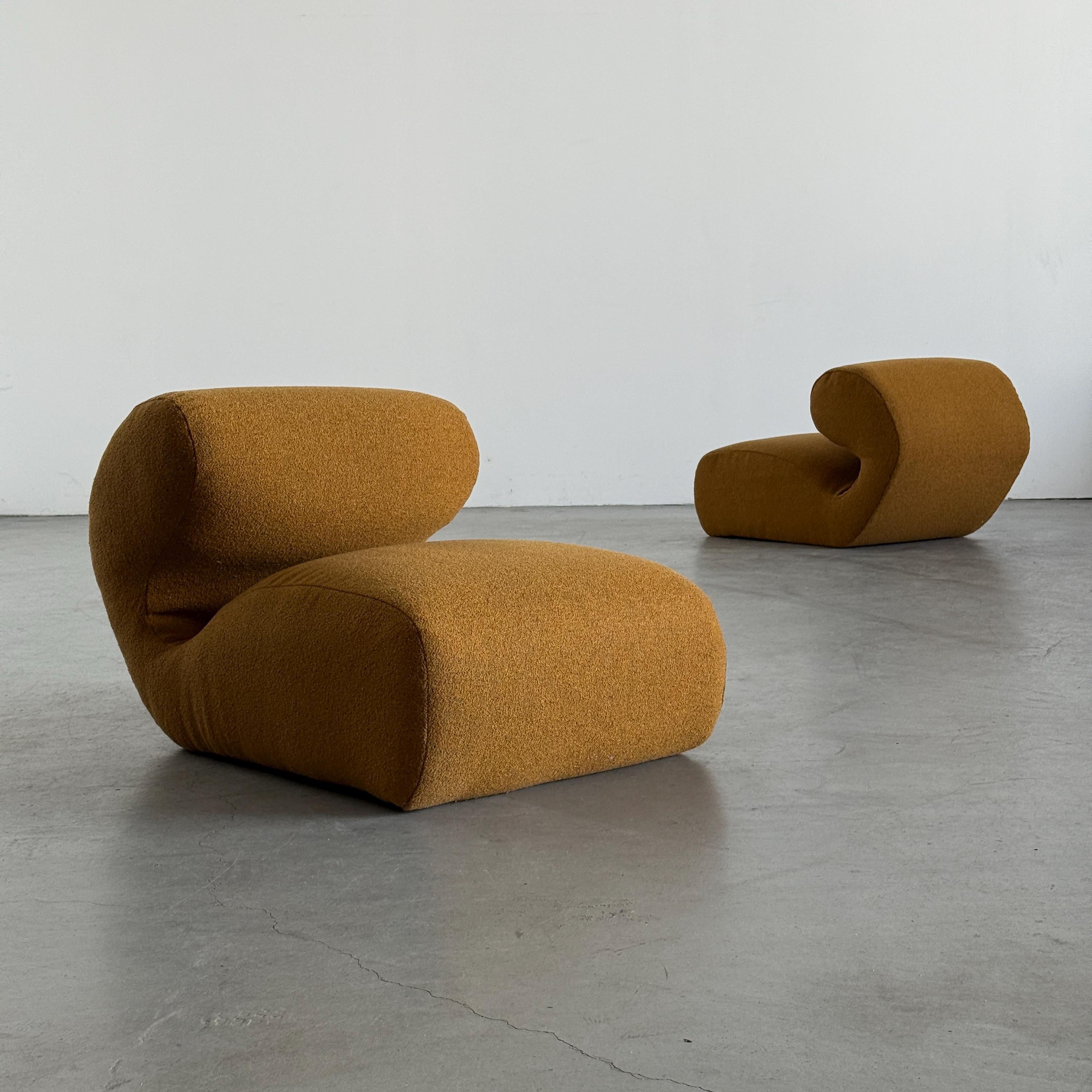 Sculptural Lounge Chairs in Ochre Bouclé