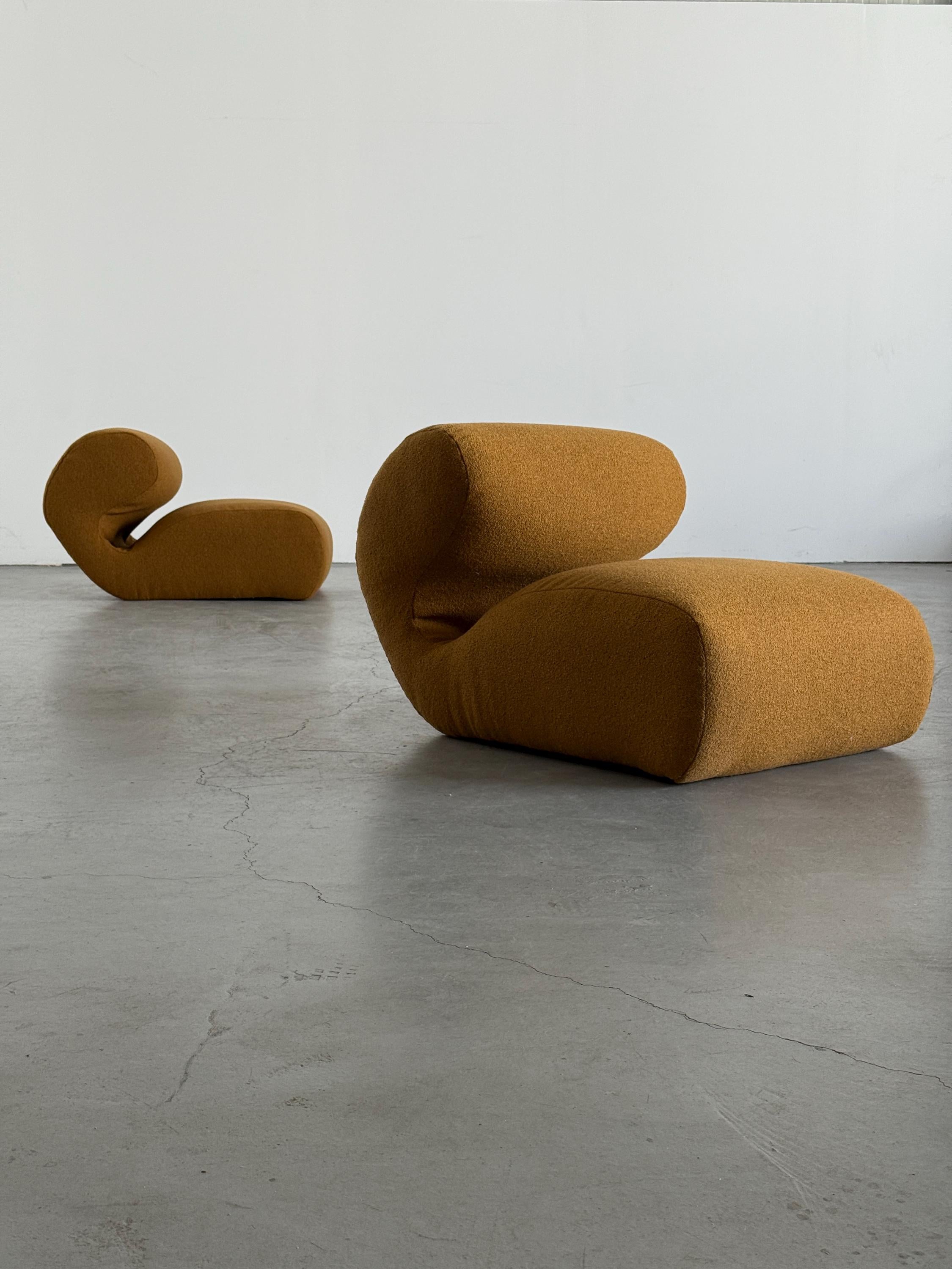 Sculptural Lounge Chairs in Ochre Bouclé