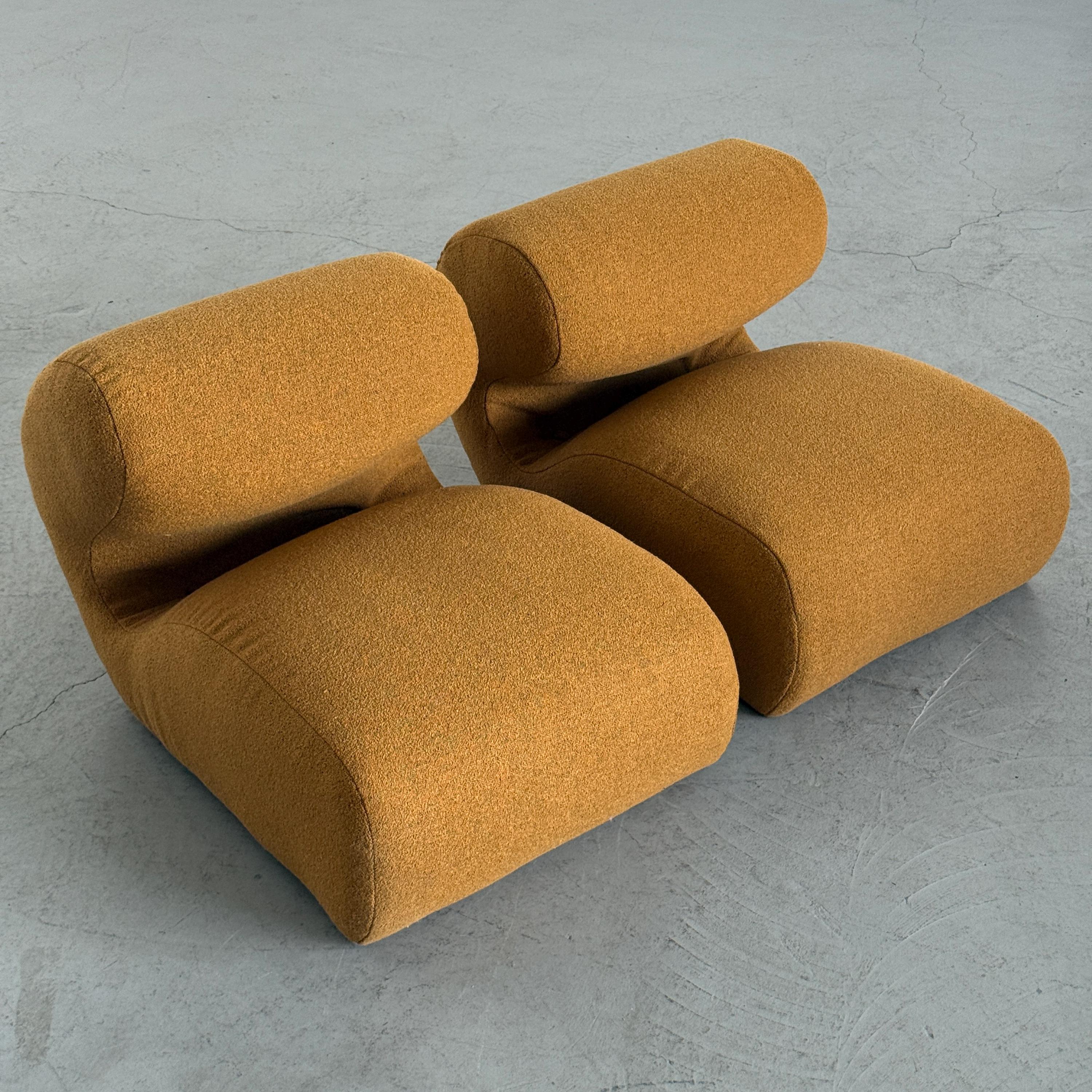 Sculptural Lounge Chairs in Ochre Bouclé
