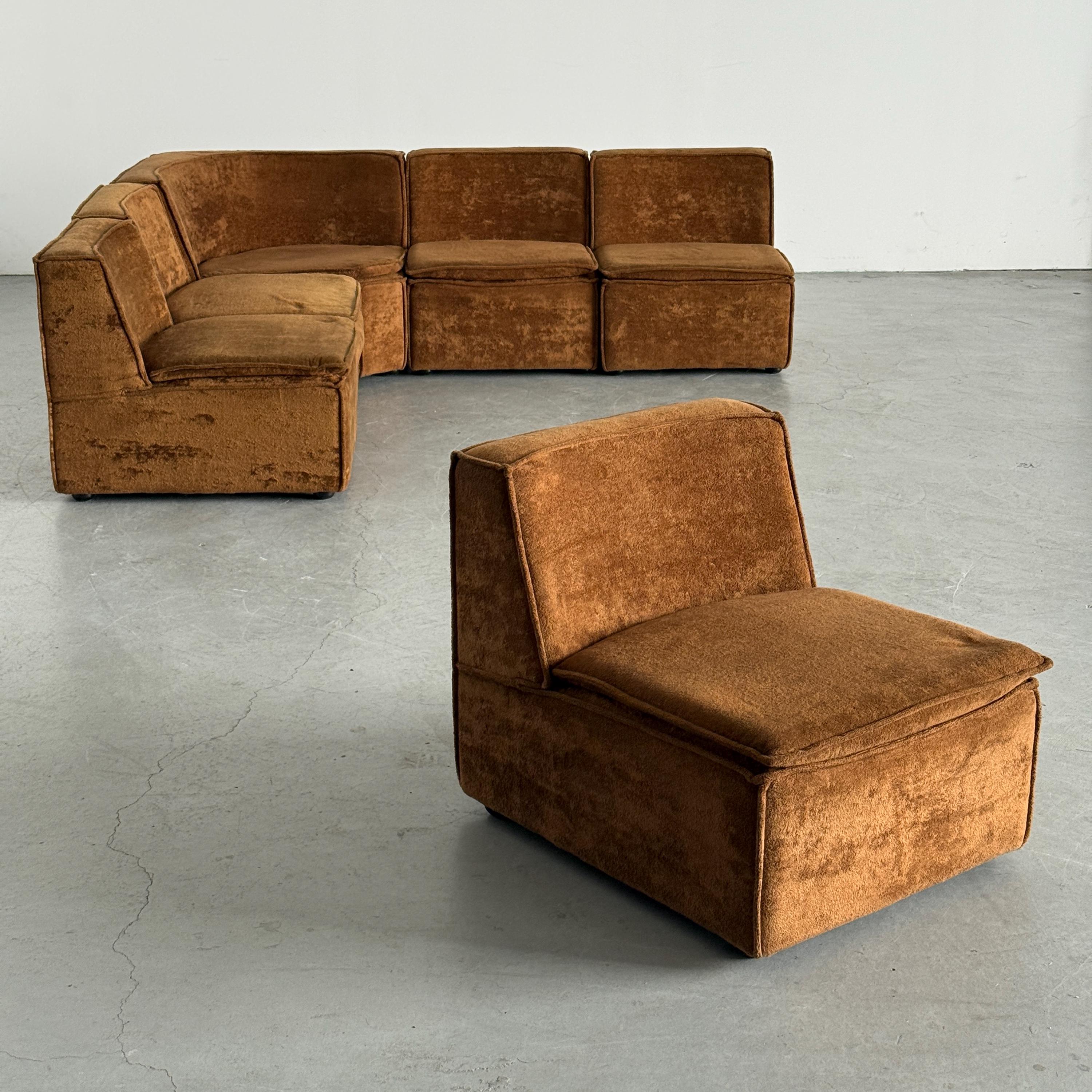 Modular Corner Sofa with Brown Velour Upholstery