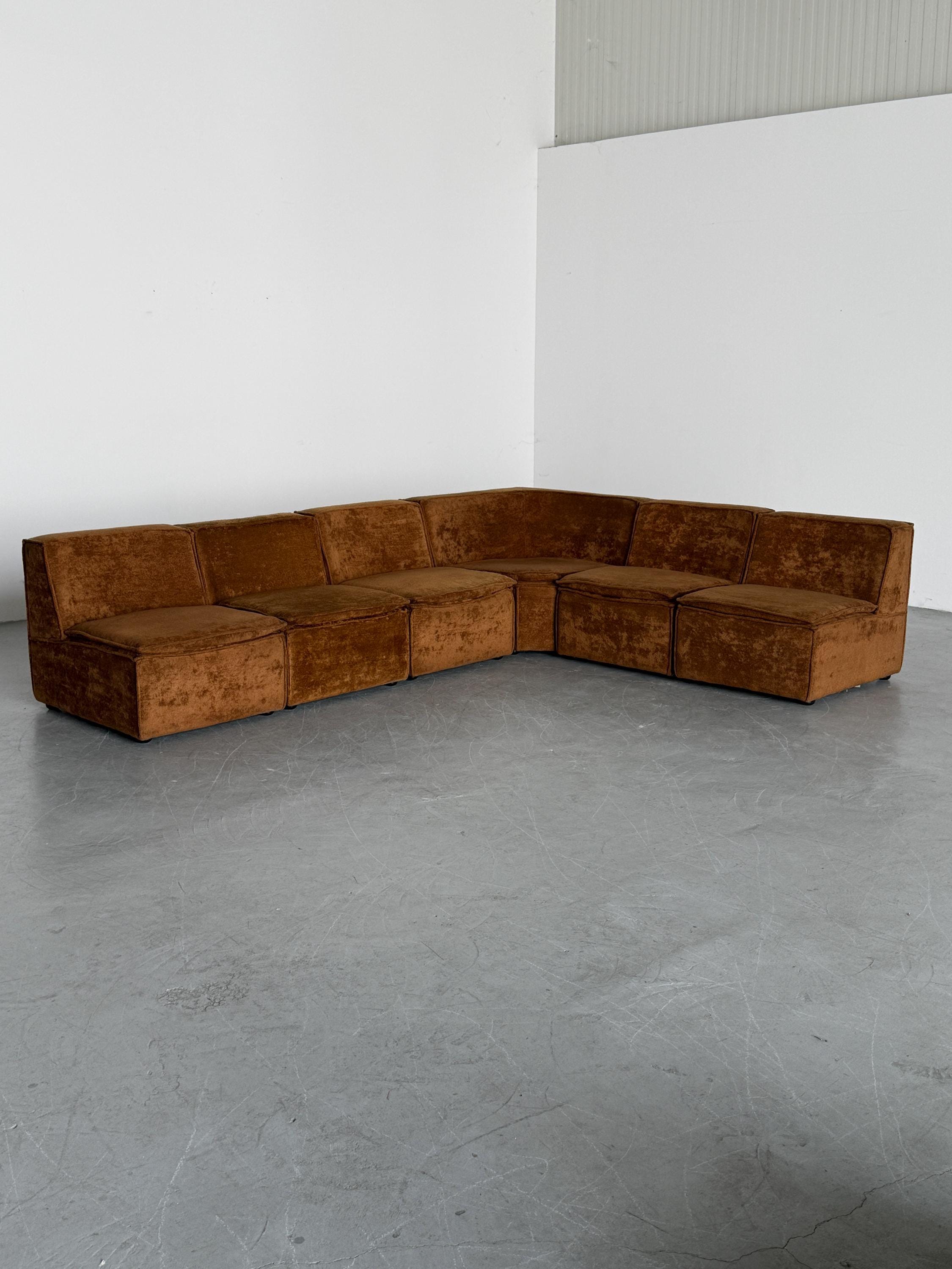 Modular Corner Sofa with Brown Velour Upholstery
