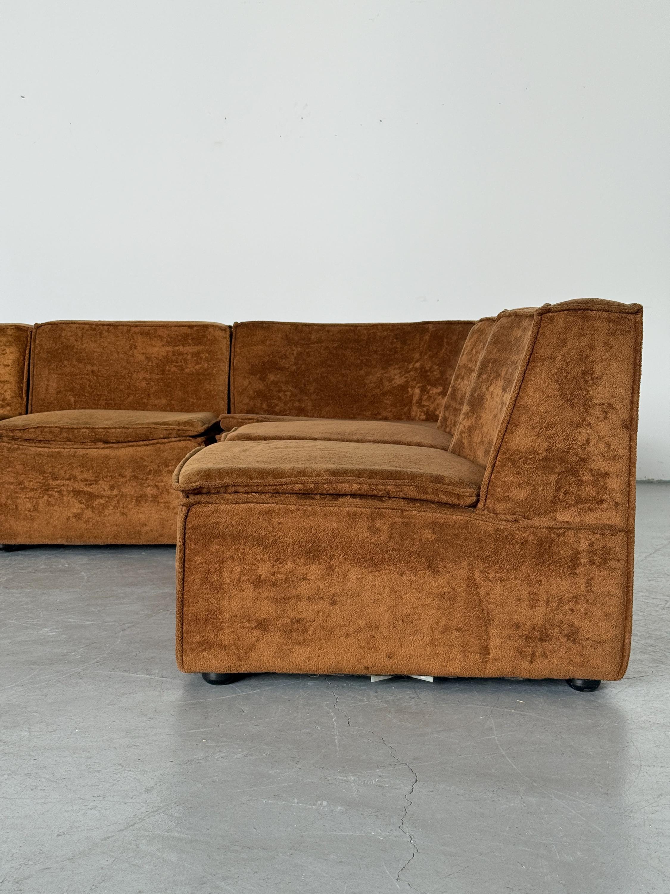 Modular Corner Sofa with Brown Velour Upholstery