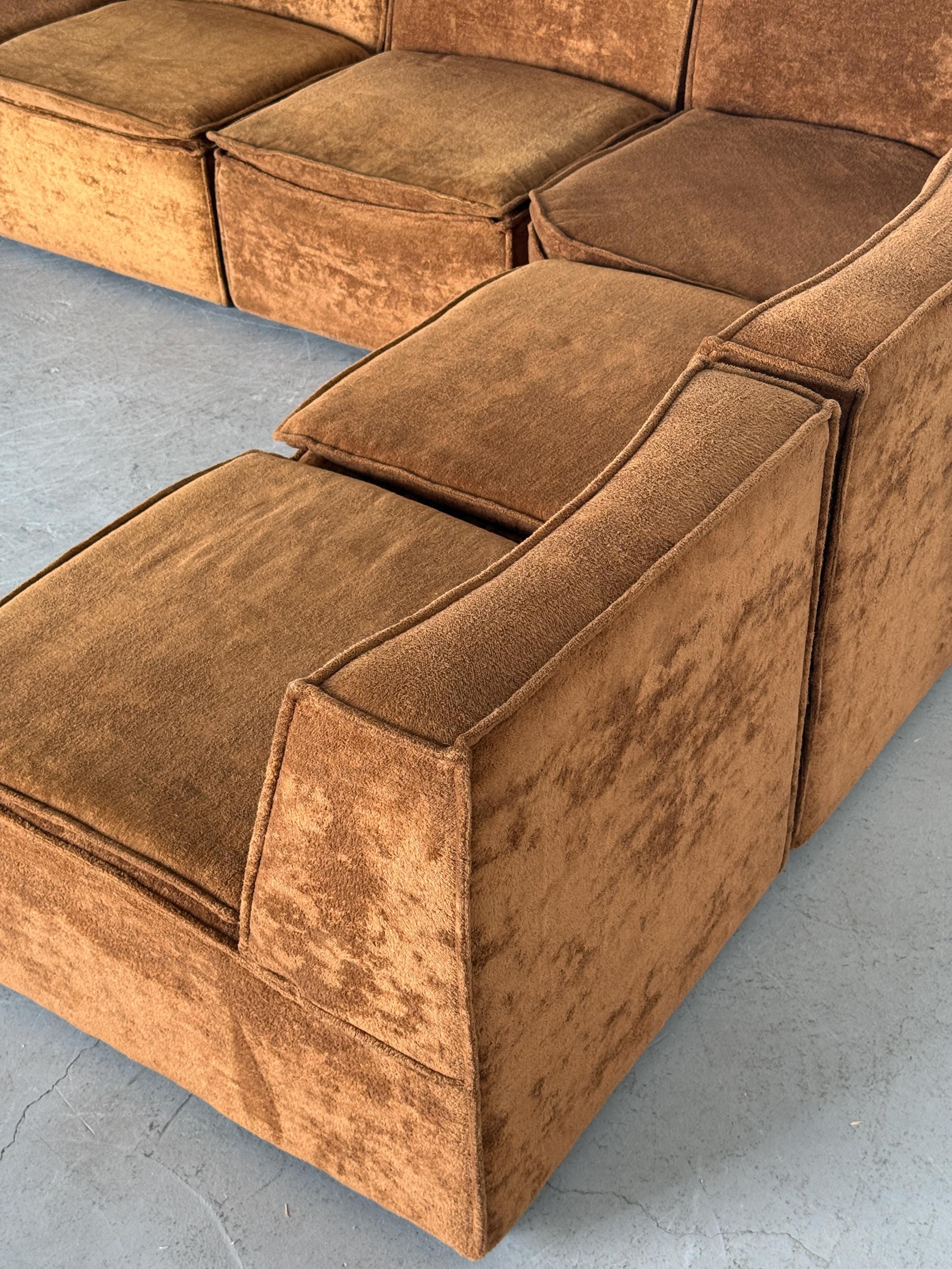 Modular Corner Sofa with Brown Velour Upholstery