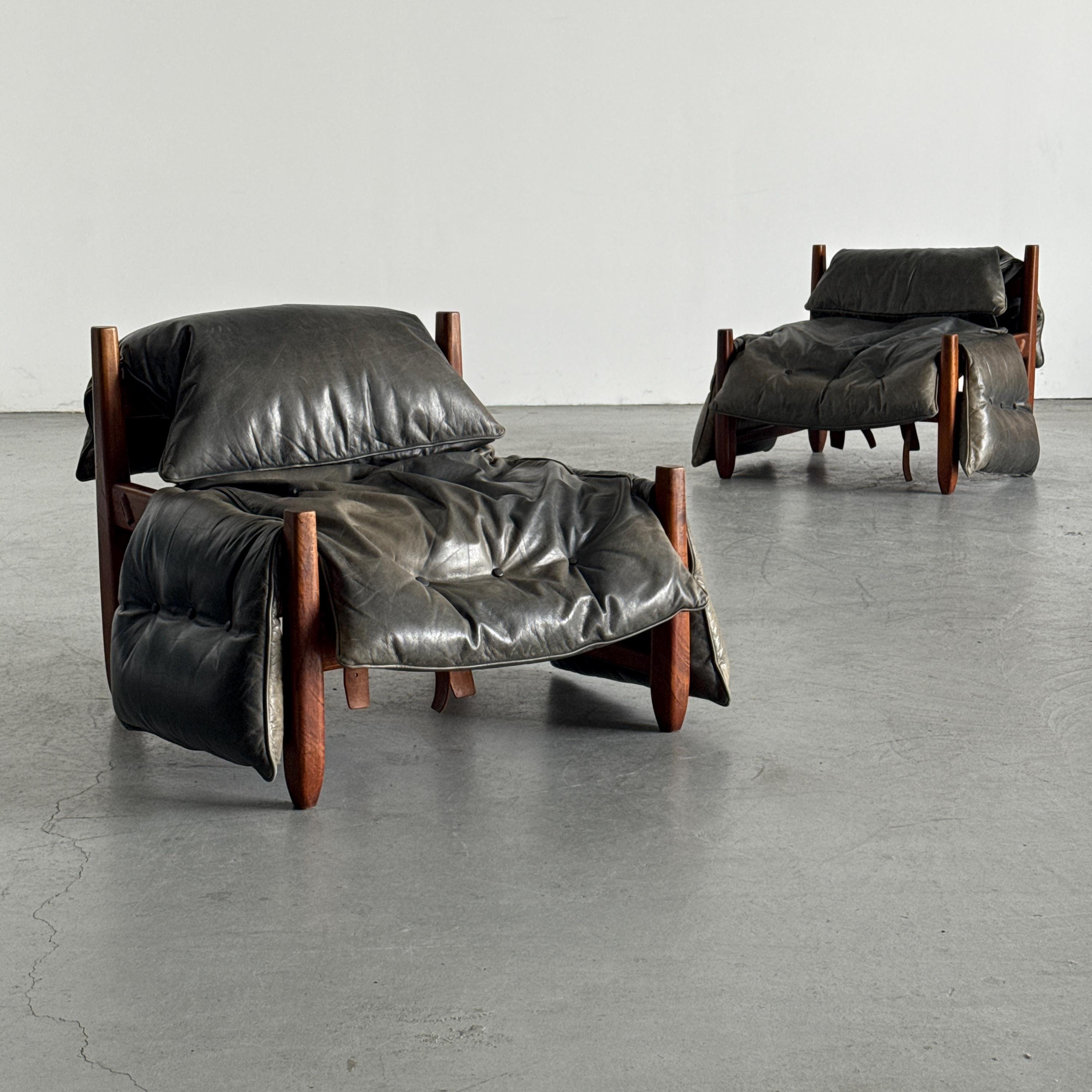 Brazilian Brutalist Hardwood Lounge Chairs in Charcoal Leather