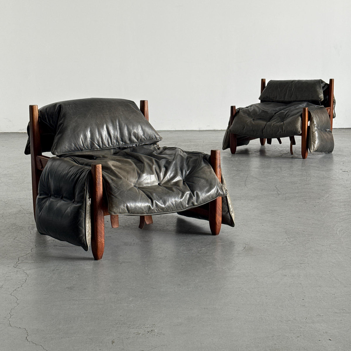 Brazilian Brutalist Hardwood Lounge Chairs in Charcoal Leather