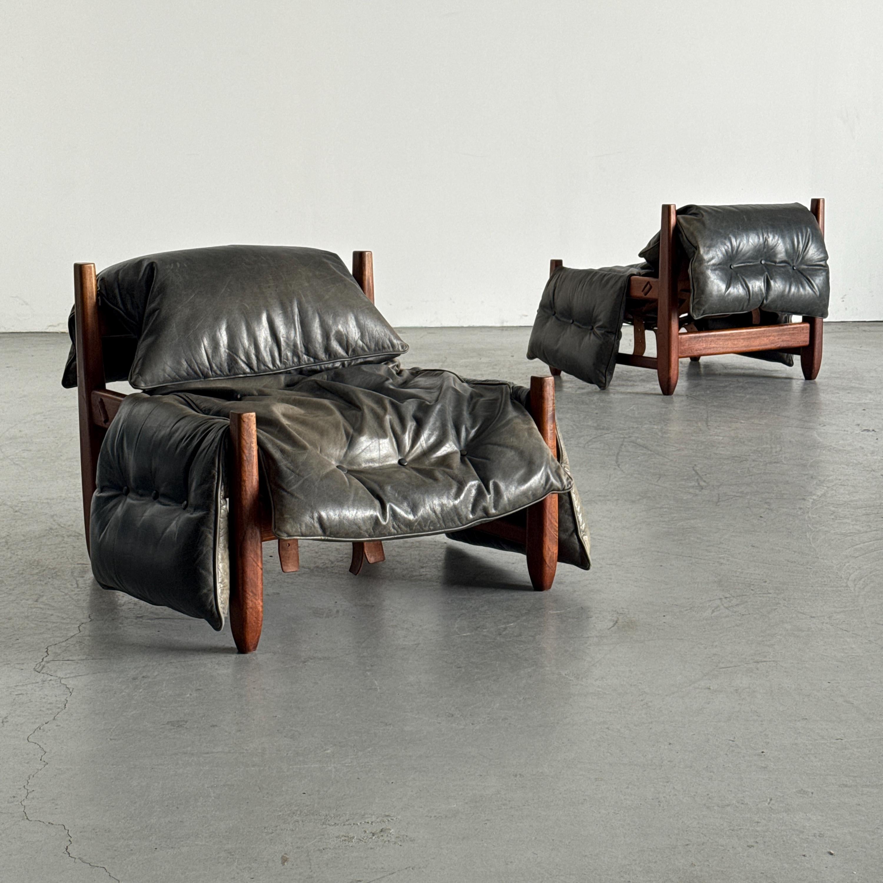 Brazilian Brutalist Hardwood Lounge Chairs in Charcoal Leather