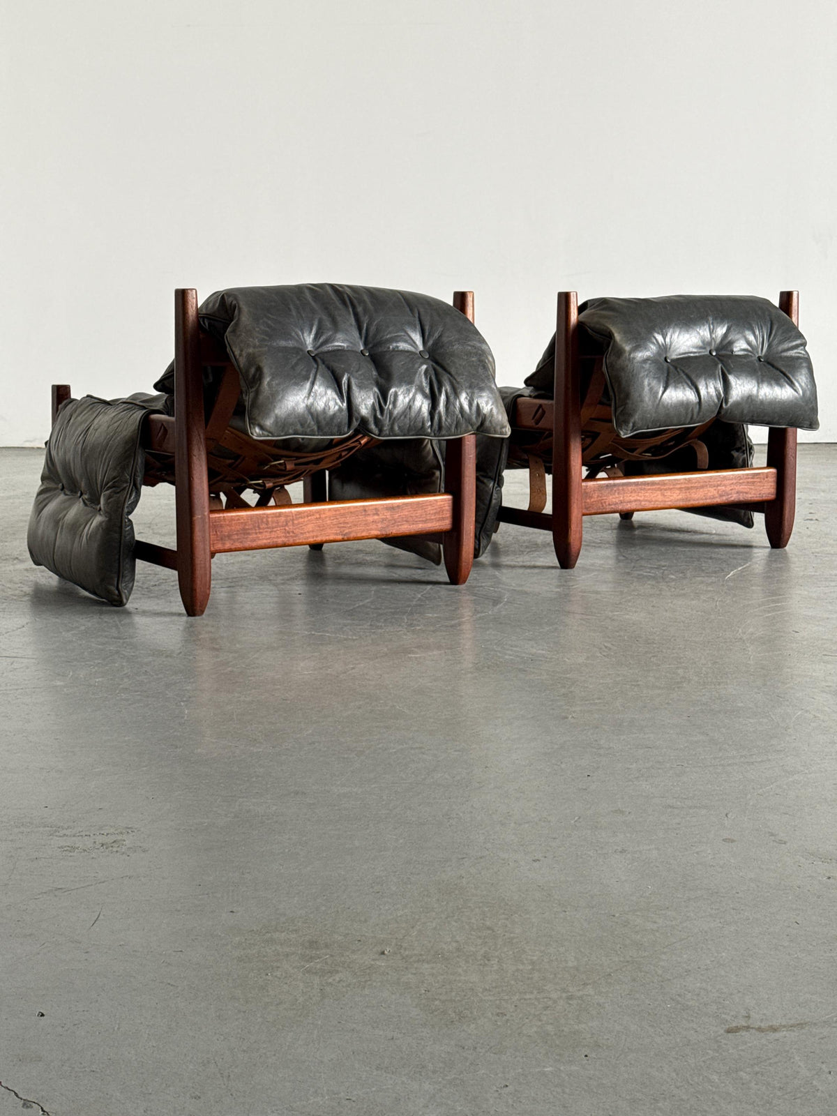Brazilian Brutalist Hardwood Lounge Chairs in Charcoal Leather