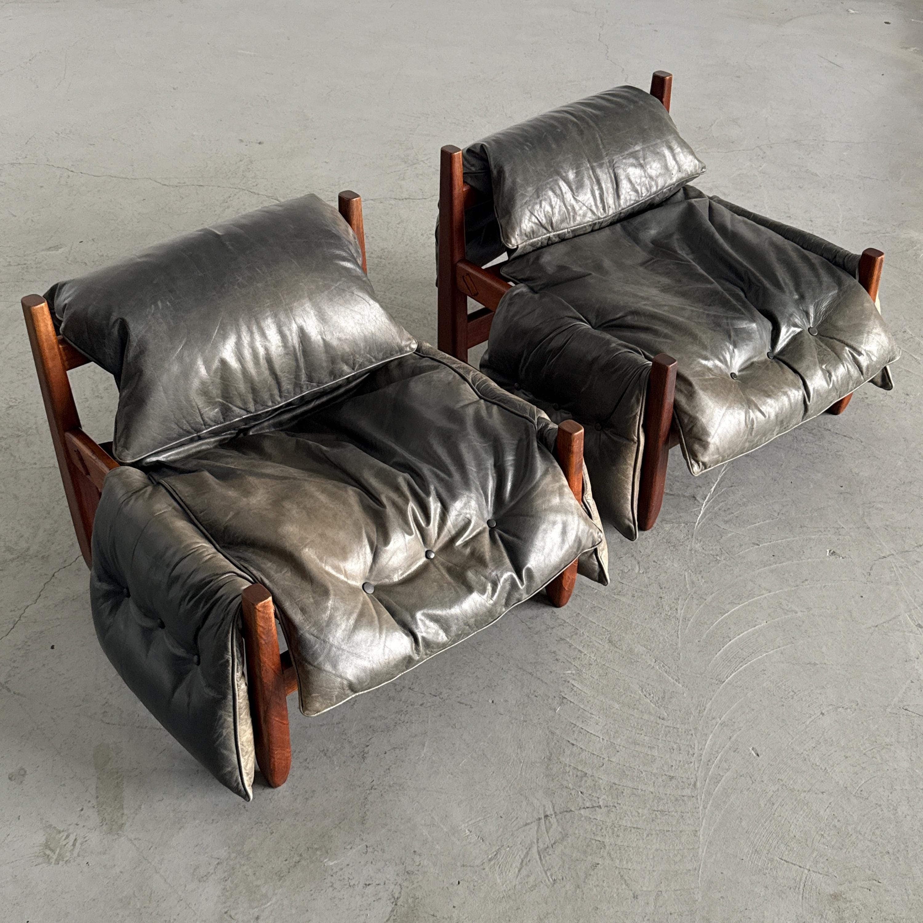 Brazilian Brutalist Hardwood Lounge Chairs in Charcoal Leather