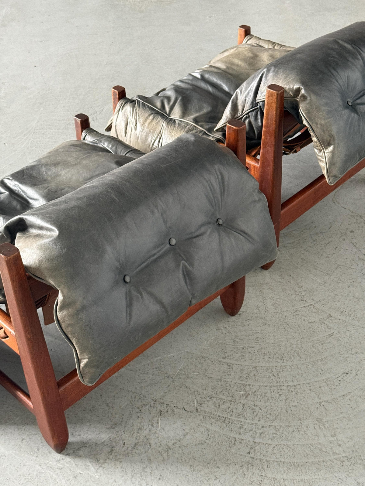 Brazilian Brutalist Hardwood Lounge Chairs in Charcoal Leather