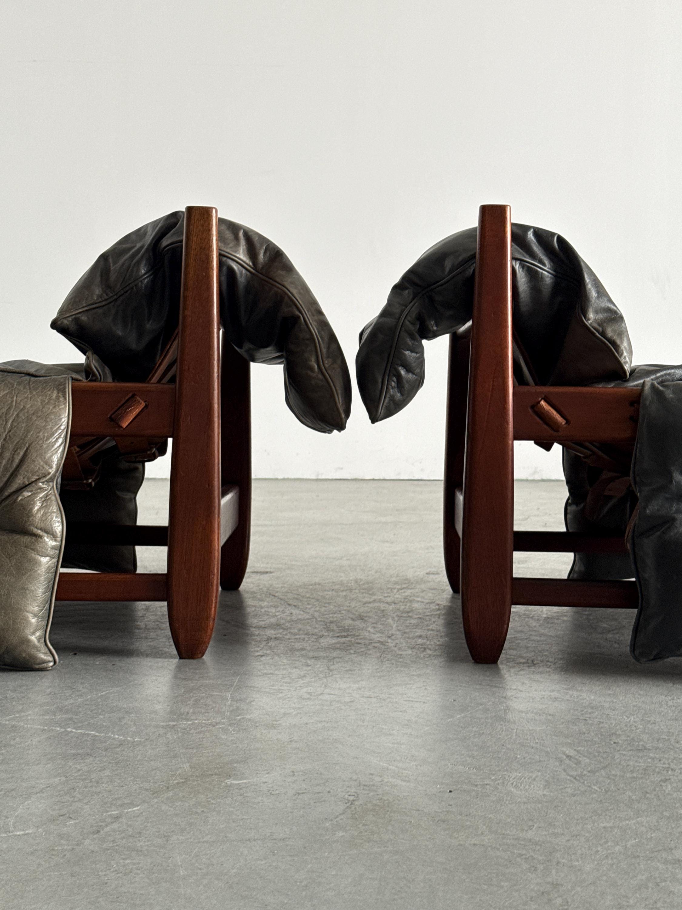 Brazilian Brutalist Hardwood Lounge Chairs in Charcoal Leather