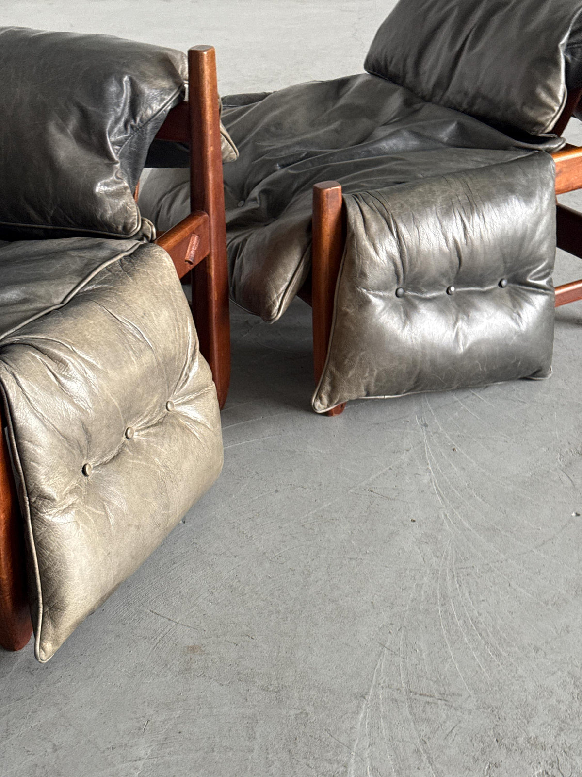 Brazilian Brutalist Hardwood Lounge Chairs in Charcoal Leather