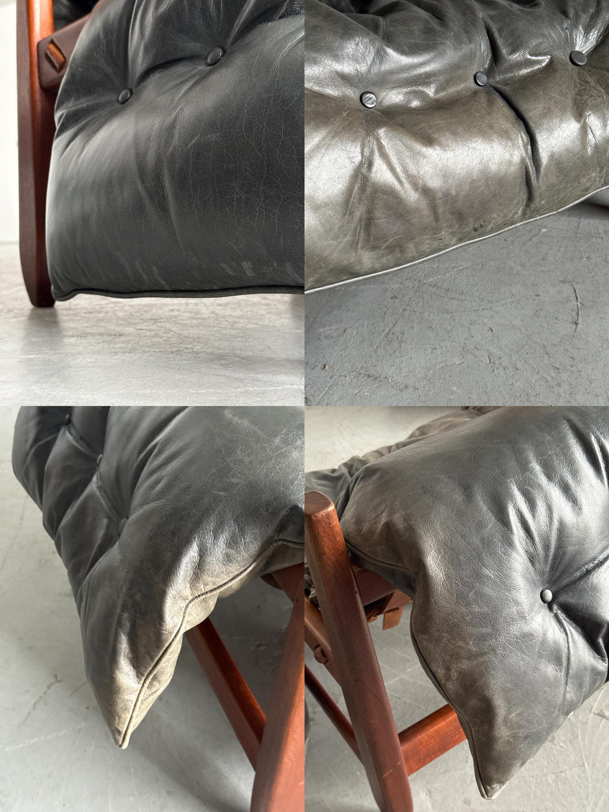 Brazilian Brutalist Hardwood Lounge Chairs in Charcoal Leather
