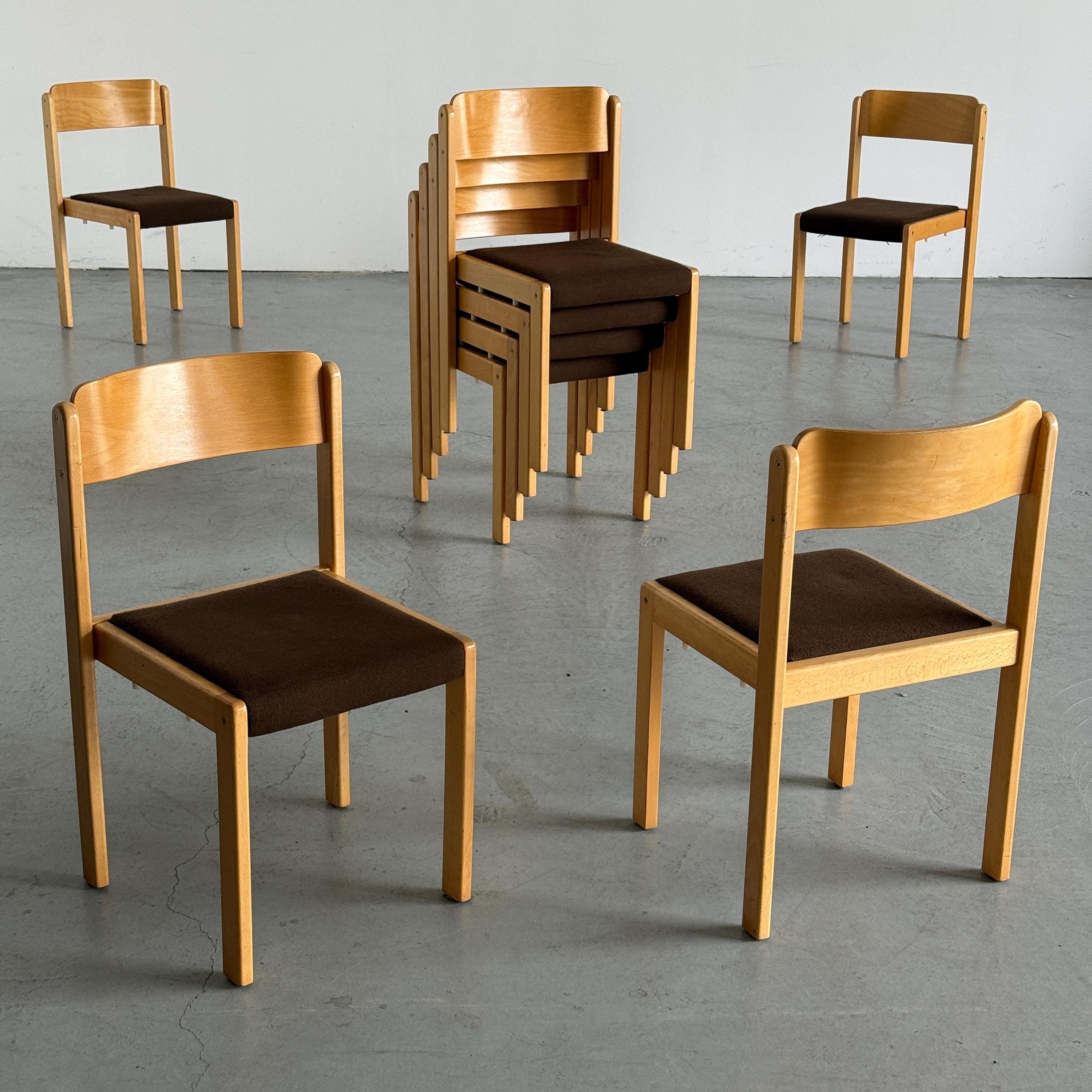 Minimal Beech Stacking Chairs with Brown Upholstery