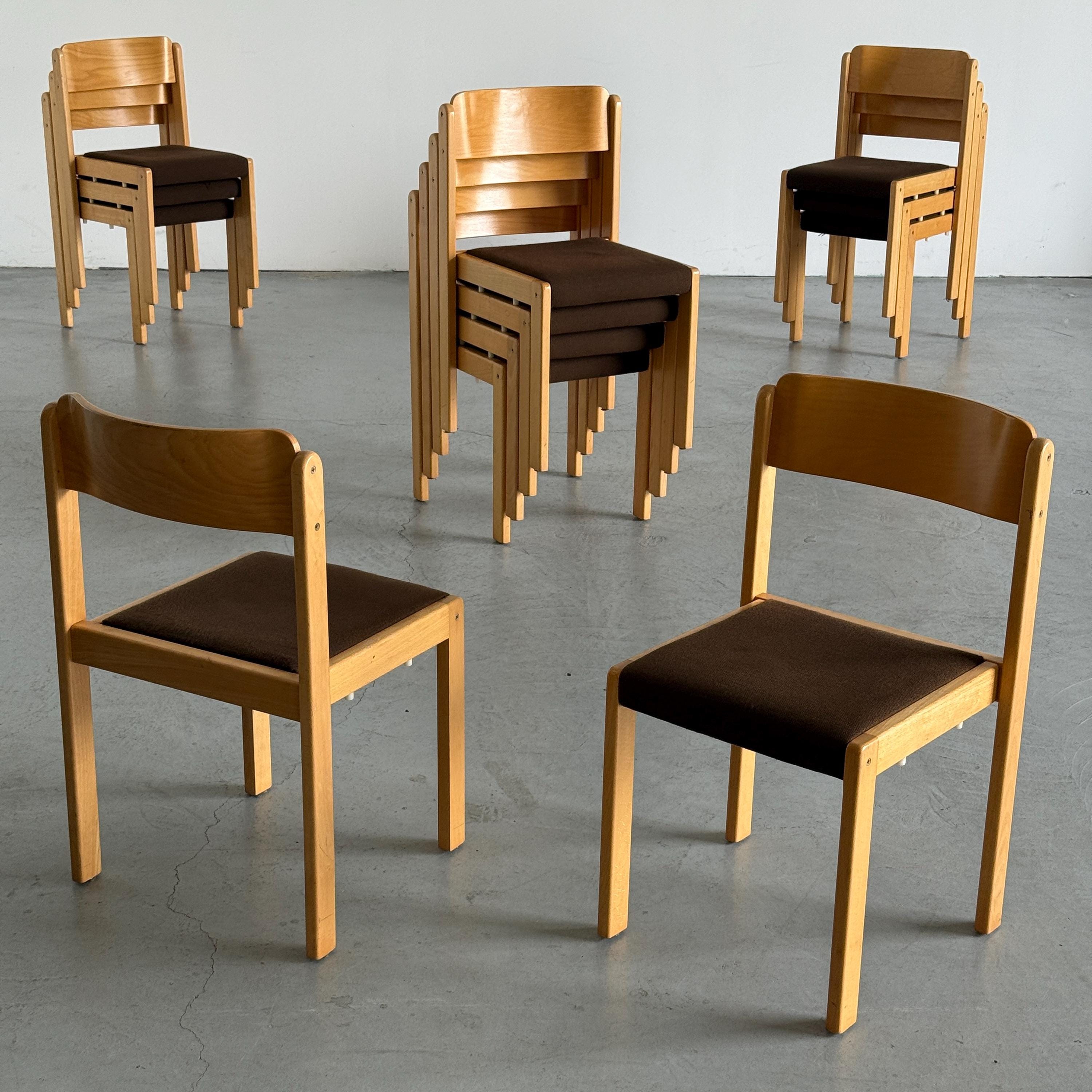 Minimal Beech Stacking Chairs with Brown Upholstery