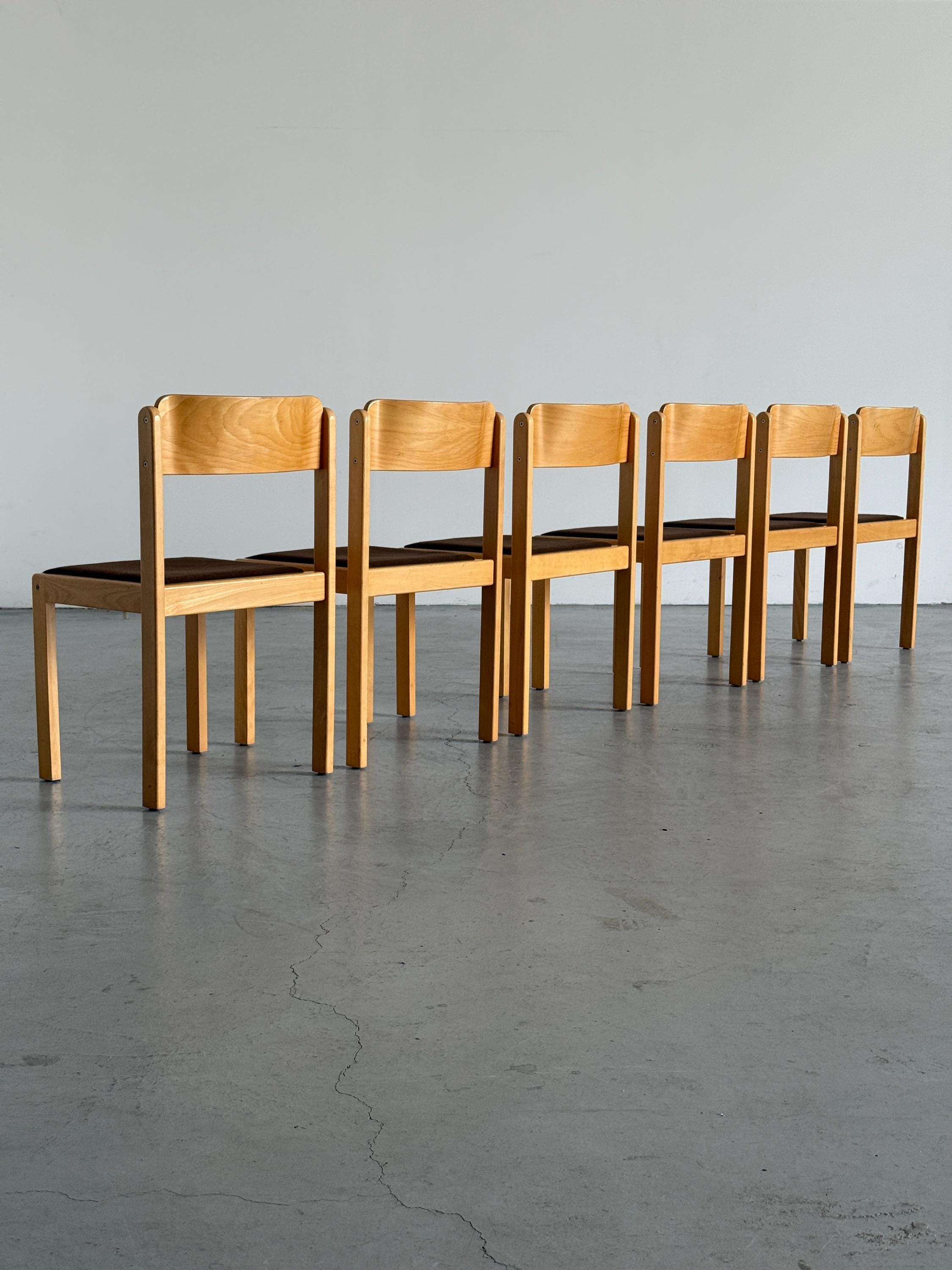 Minimal Beech Stacking Chairs with Brown Upholstery
