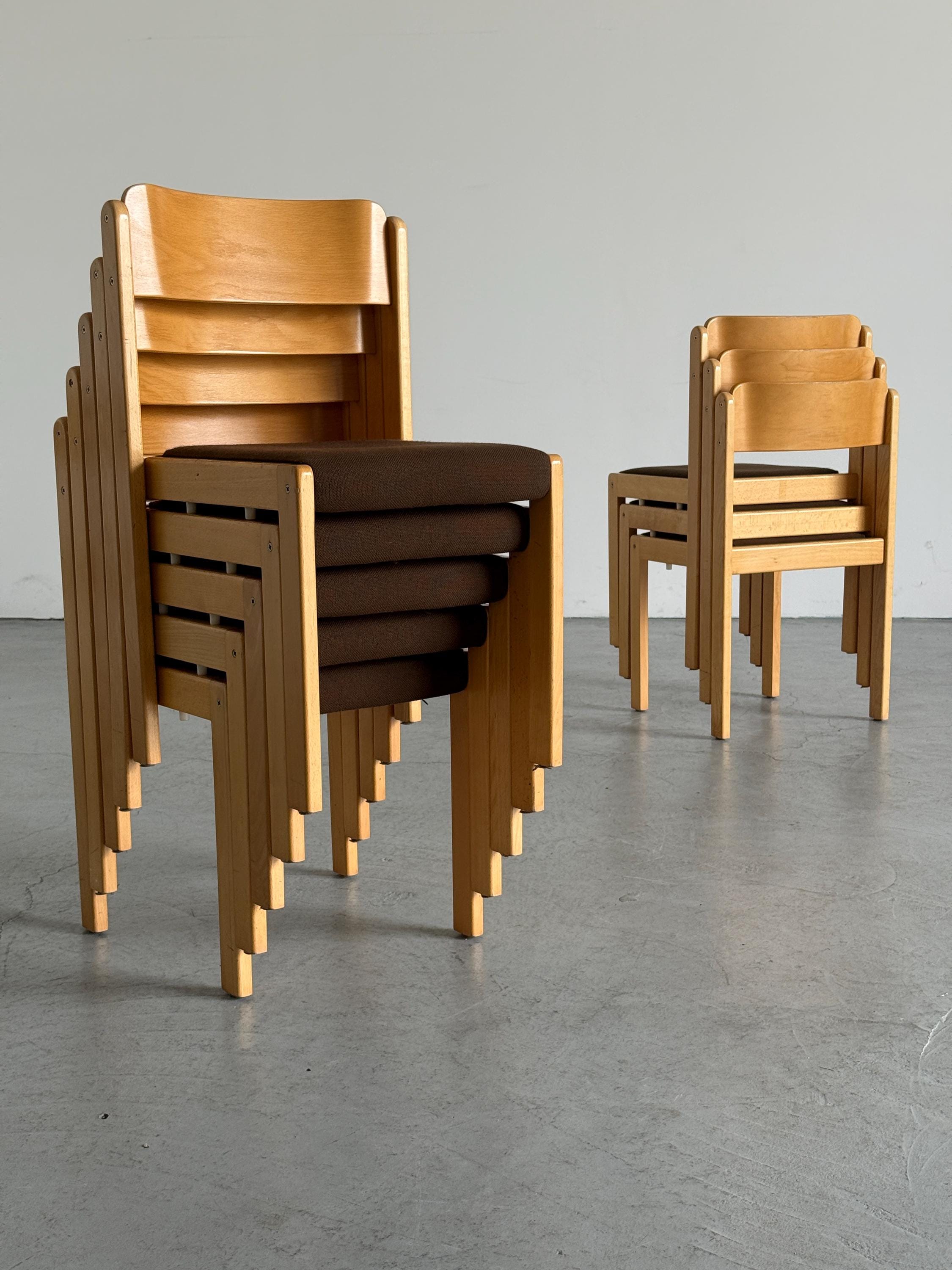 Minimal Beech Stacking Chairs with Brown Upholstery