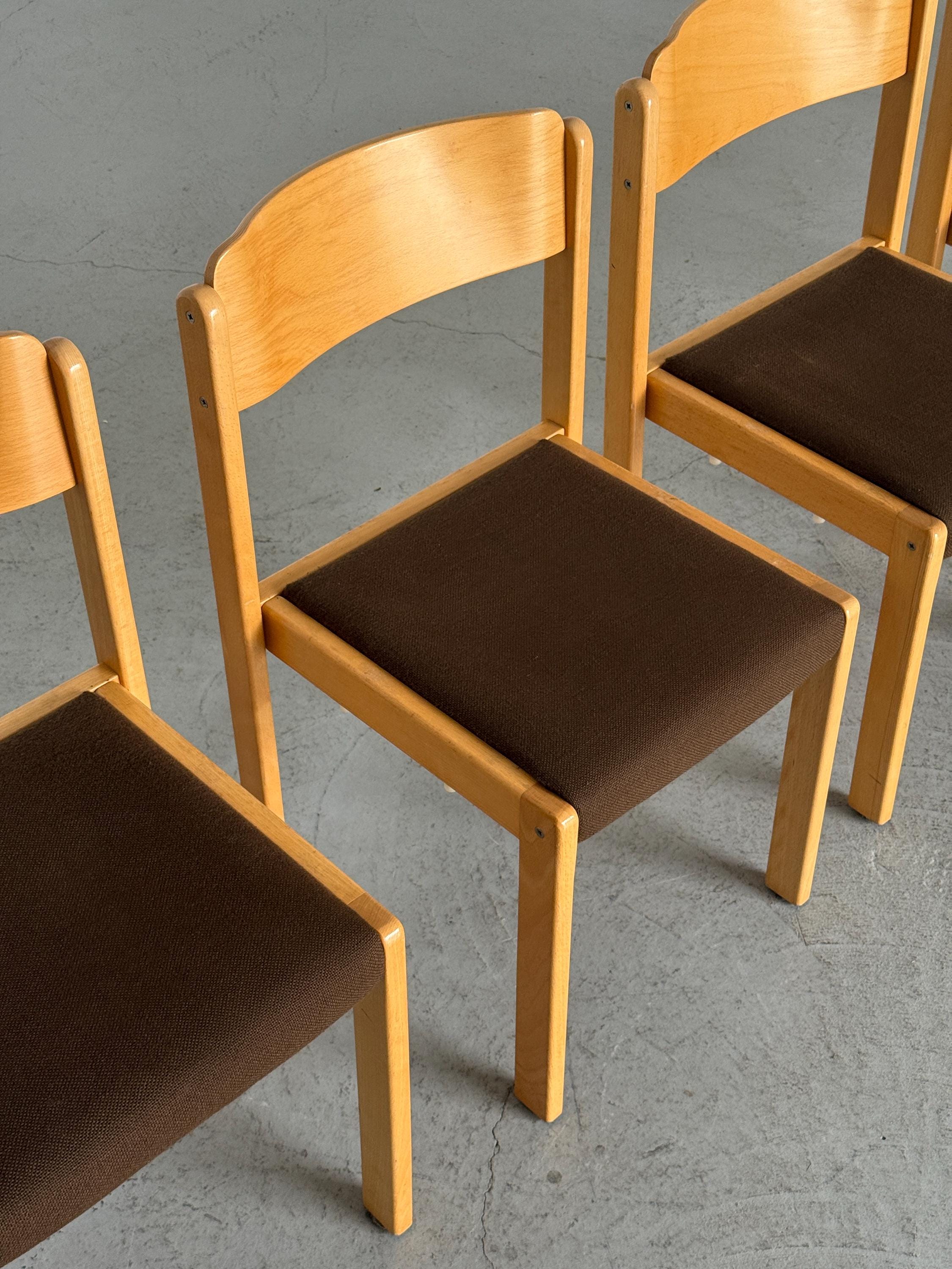 Minimal Beech Stacking Chairs with Brown Upholstery