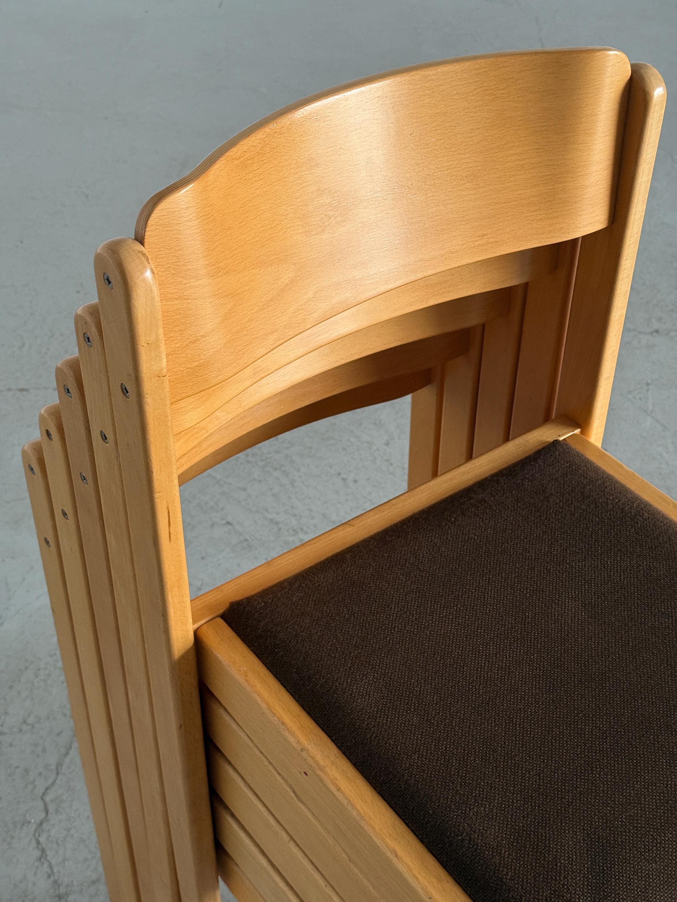 Minimal Beech Stacking Chairs with Brown Upholstery