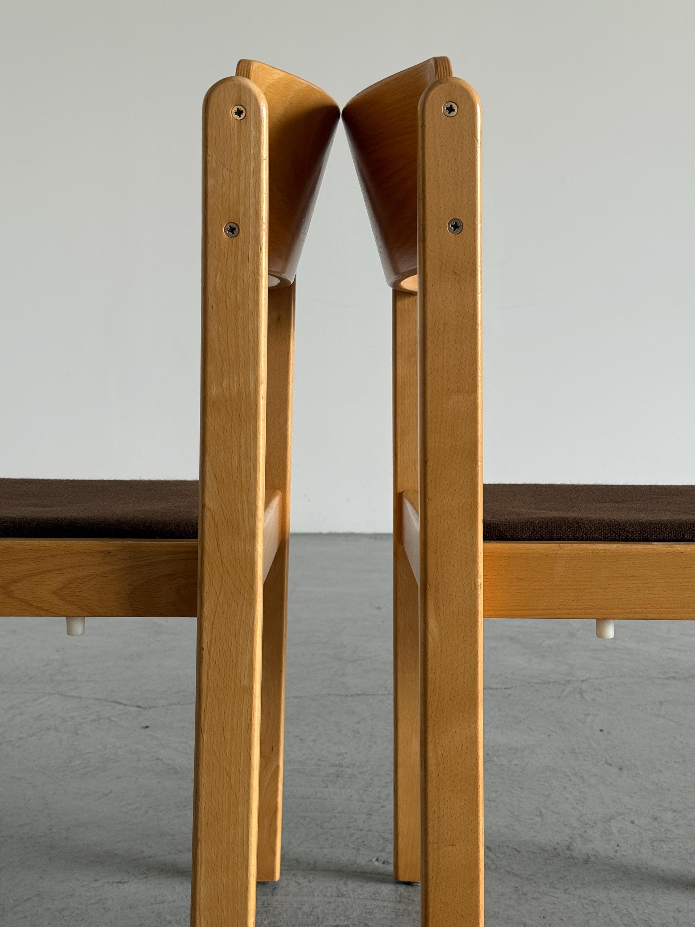 Minimal Beech Stacking Chairs with Brown Upholstery