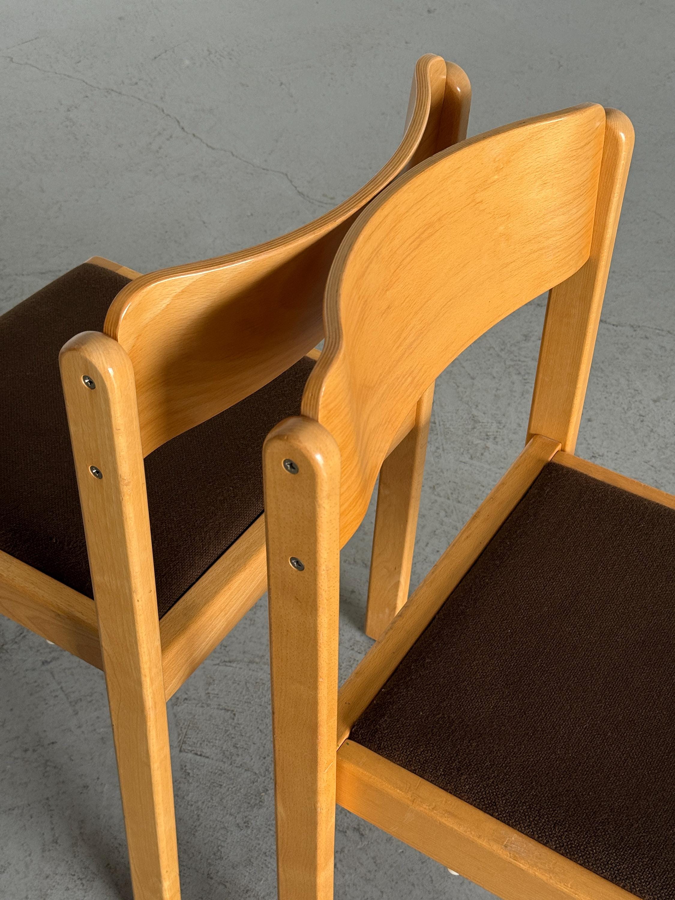 Minimal Beech Stacking Chairs with Brown Upholstery