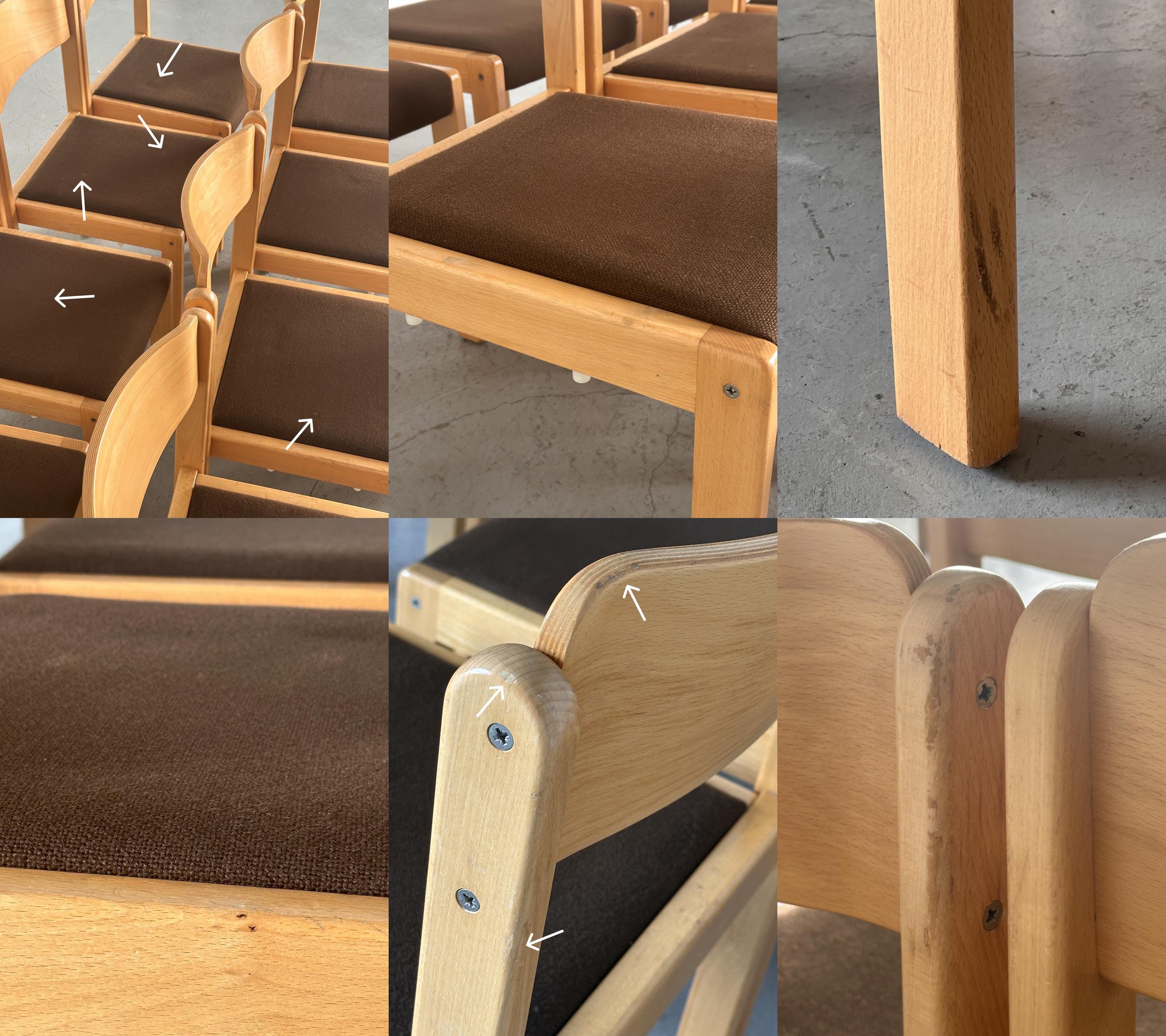 Minimal Beech Stacking Chairs with Brown Upholstery