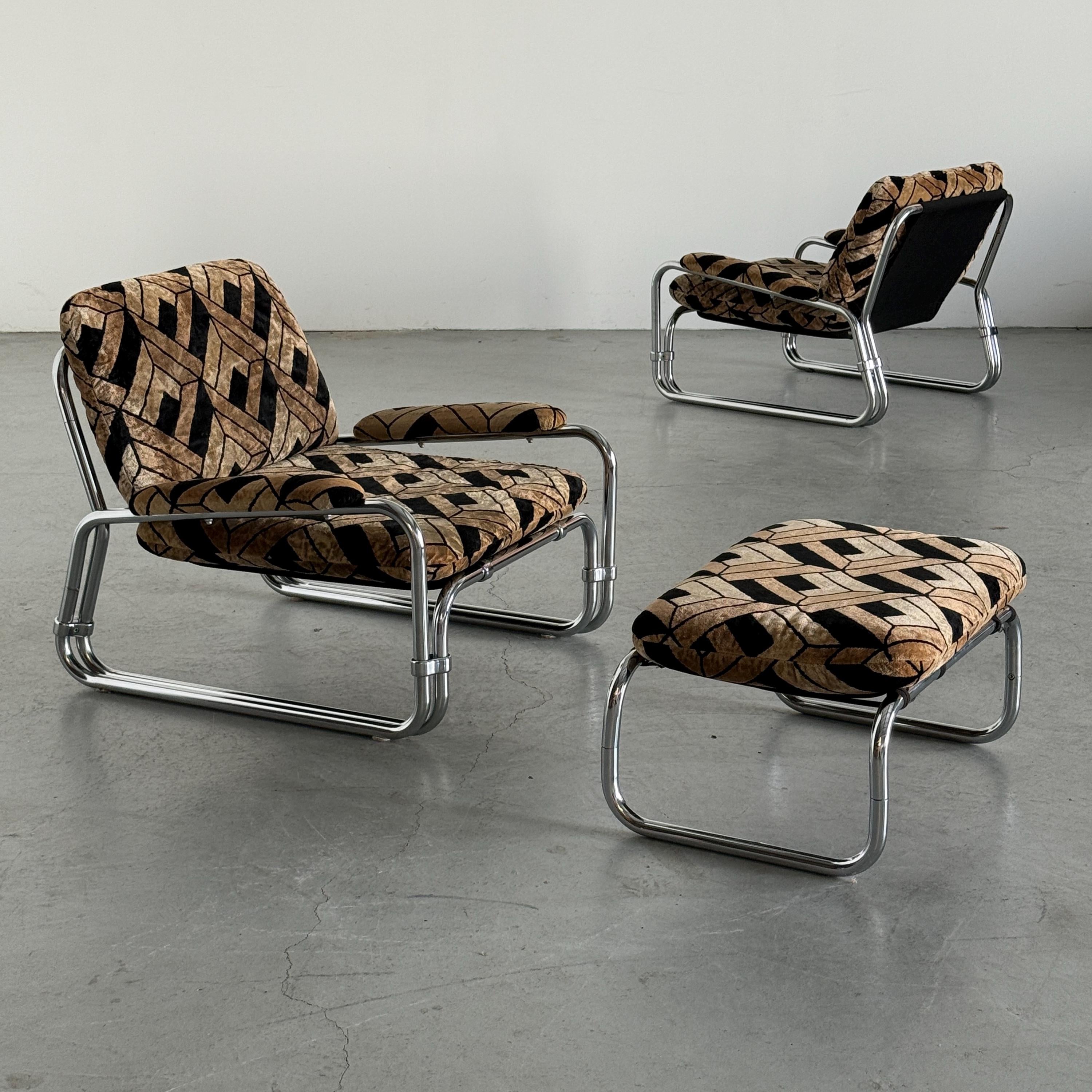 Tubular Steel Chrome Seating Set in Geometric Velvet