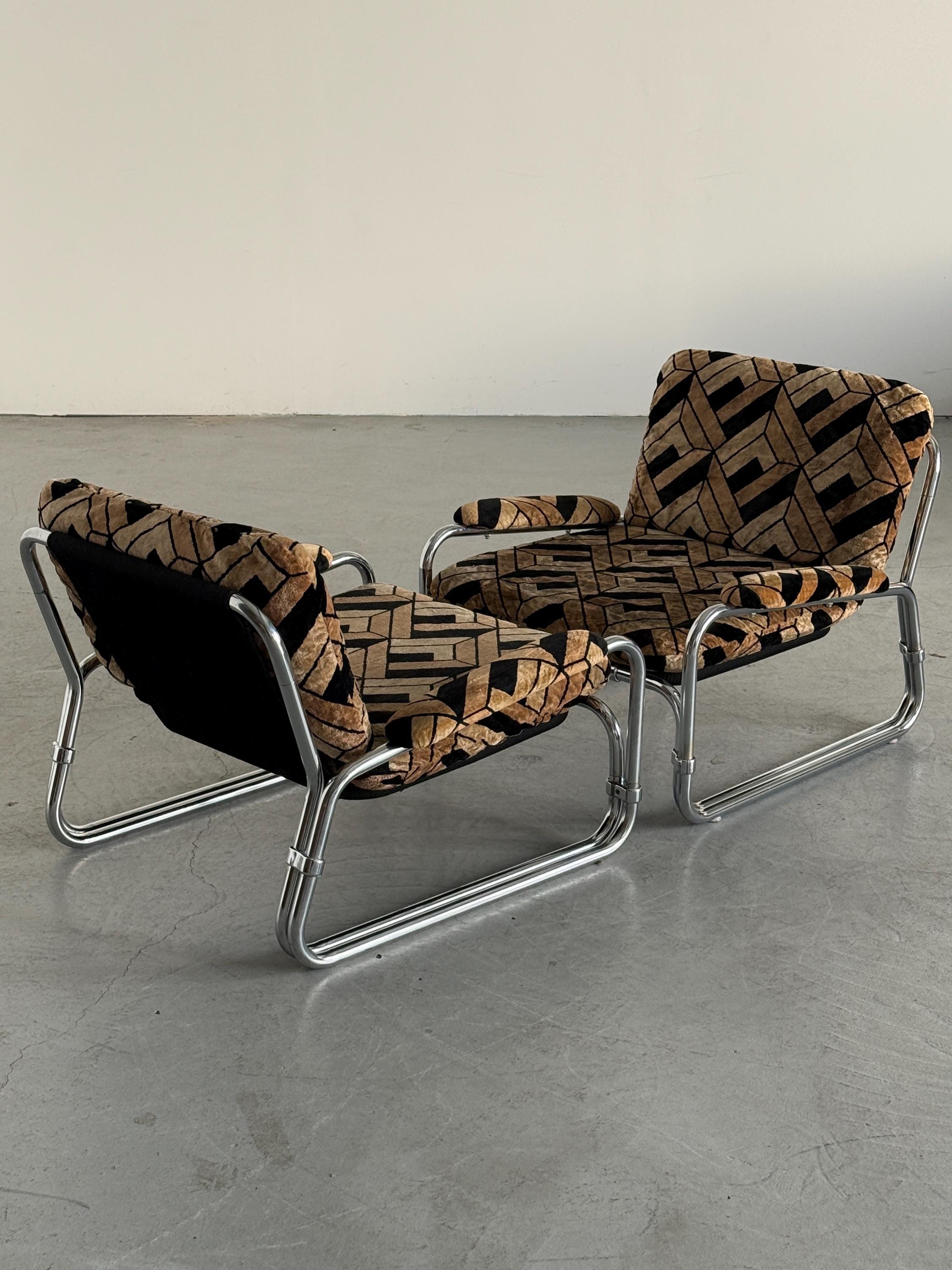 Tubular Steel Chrome Seating Set in Geometric Velvet