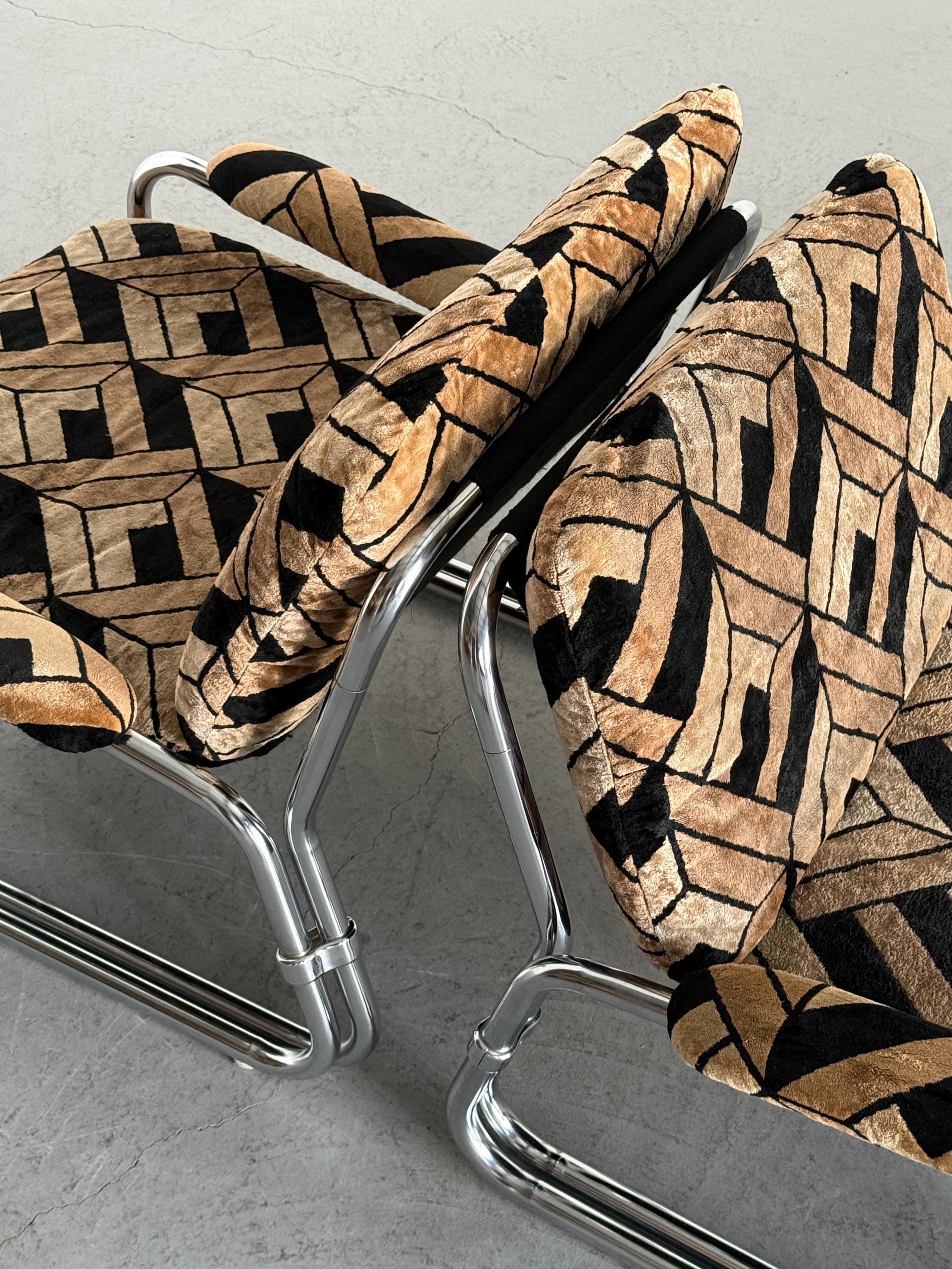Tubular Steel Chrome Seating Set in Geometric Velvet