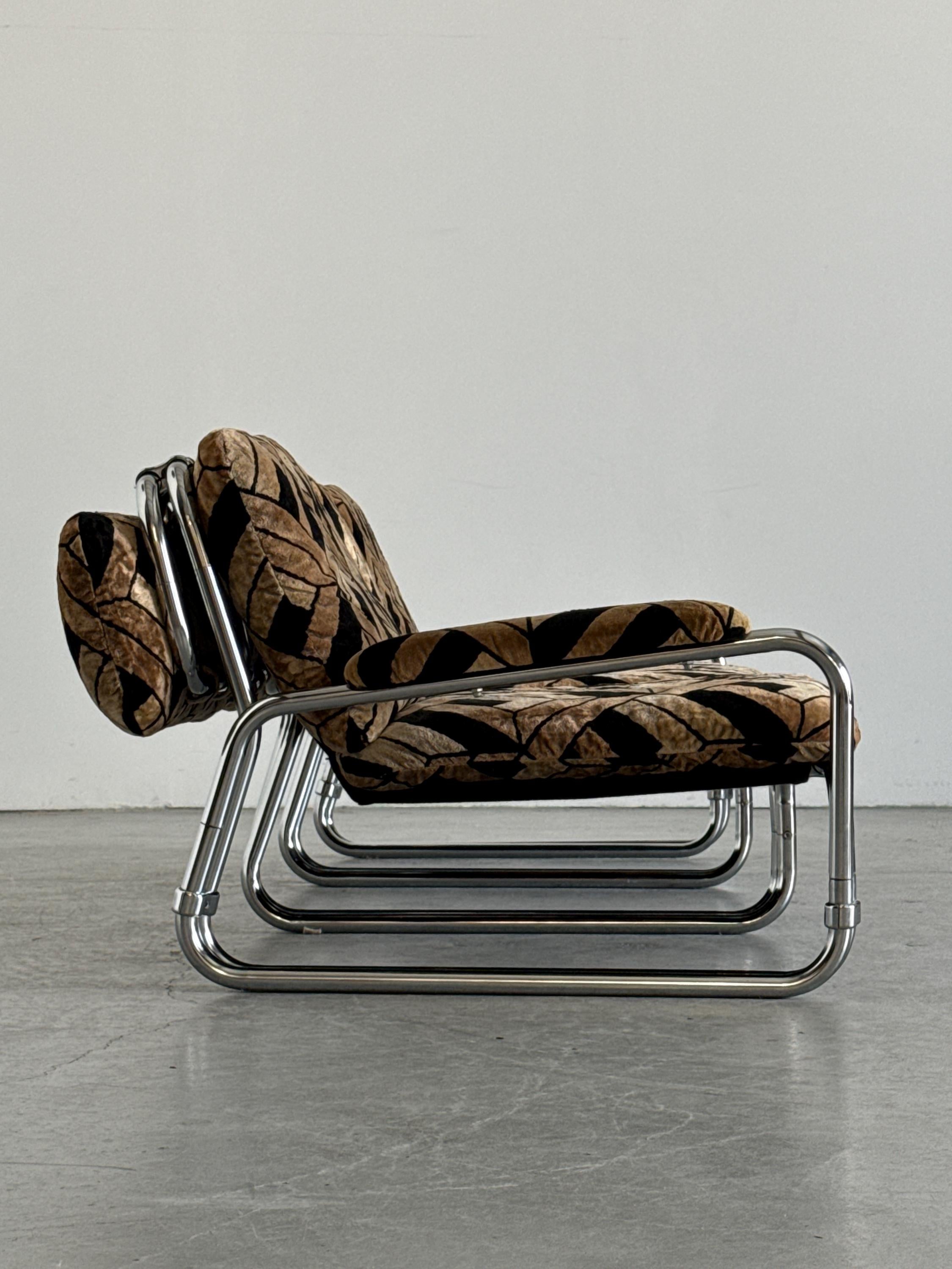 Tubular Steel Chrome Sofa in Geometric Velvet