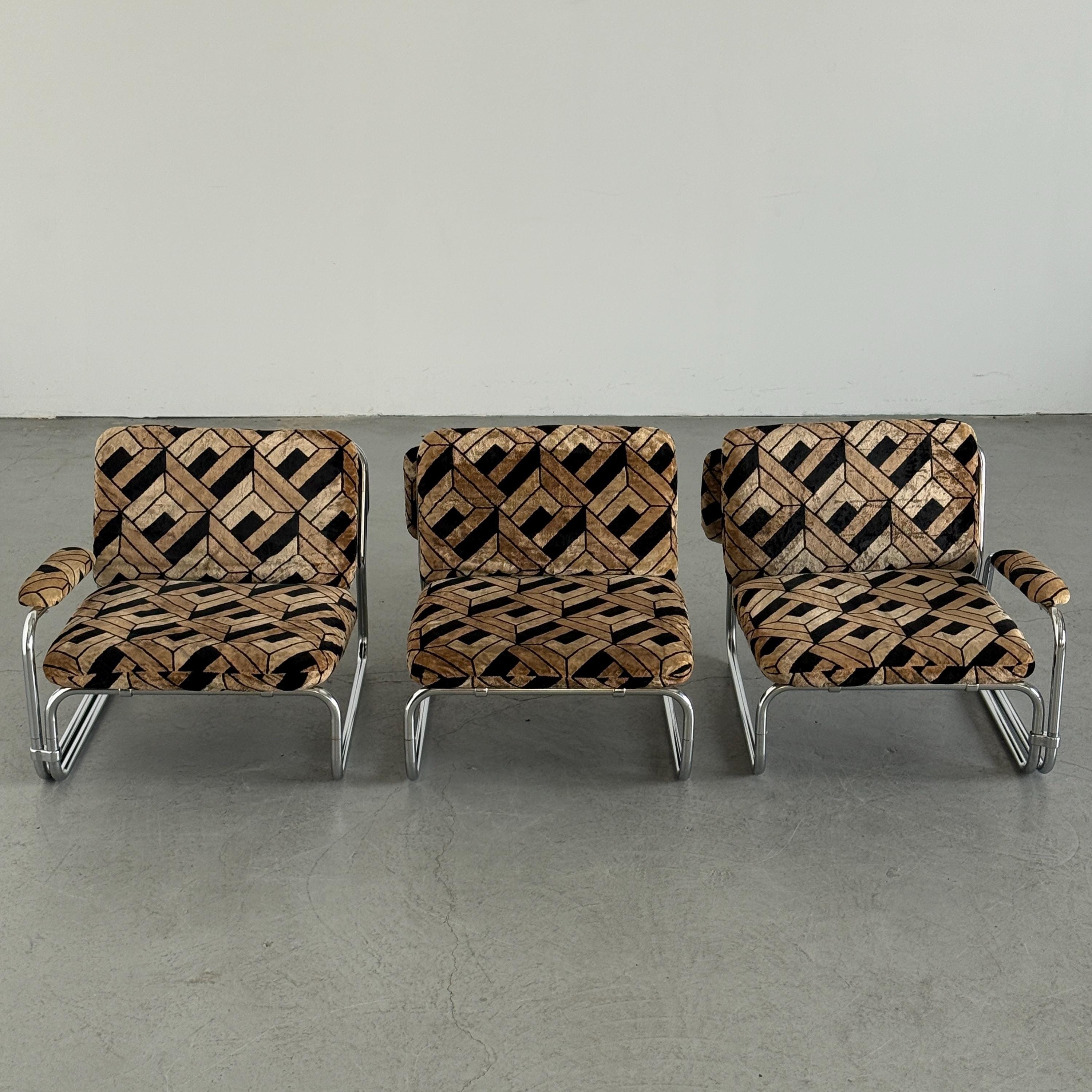 Tubular Steel Chrome Sofa in Geometric Velvet