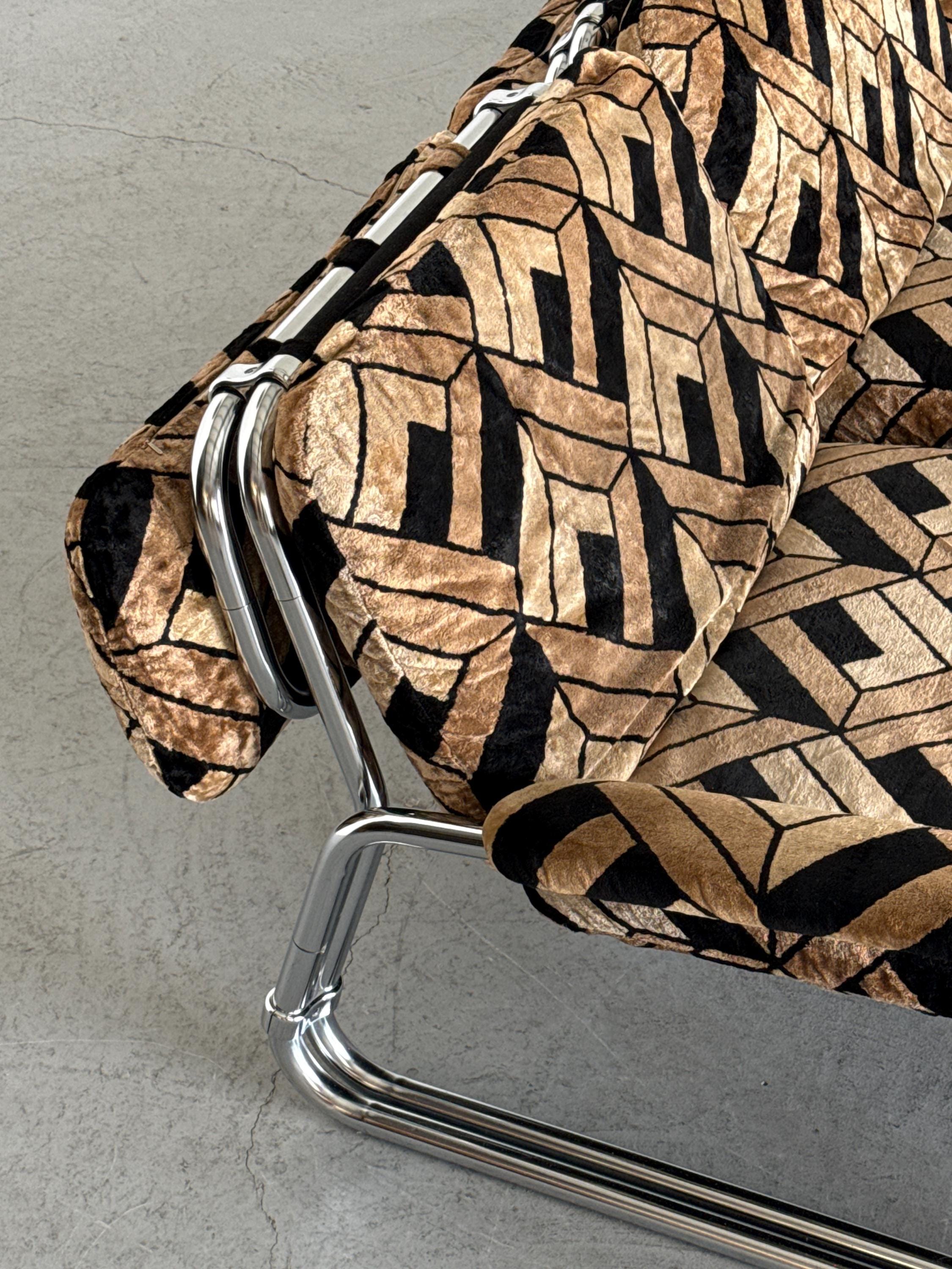 Tubular Steel Chrome Sofa in Geometric Velvet