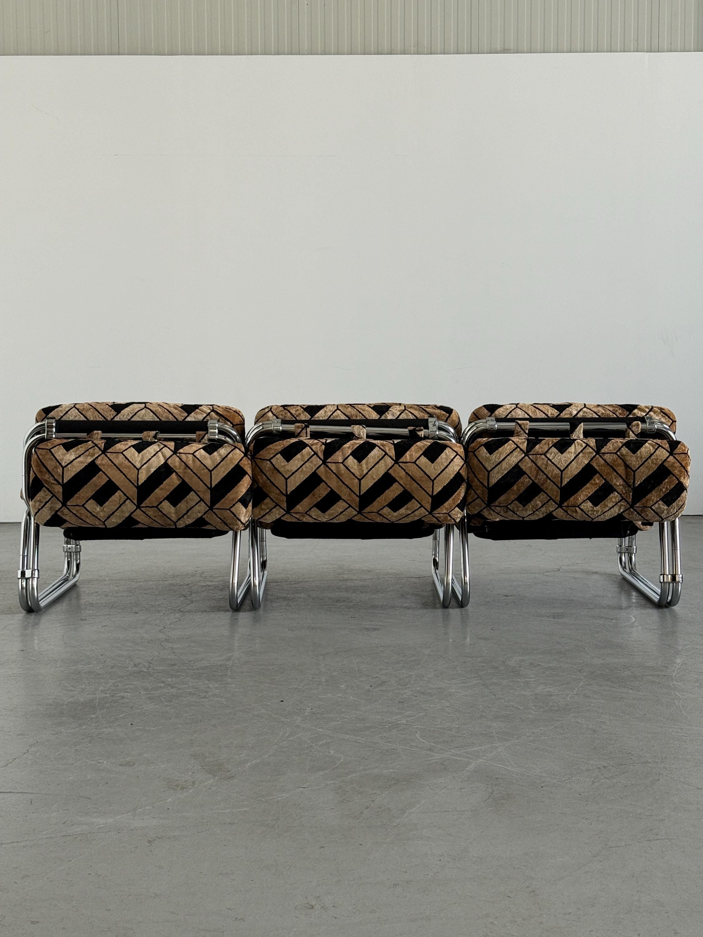 Tubular Steel Chrome Sofa in Geometric Velvet