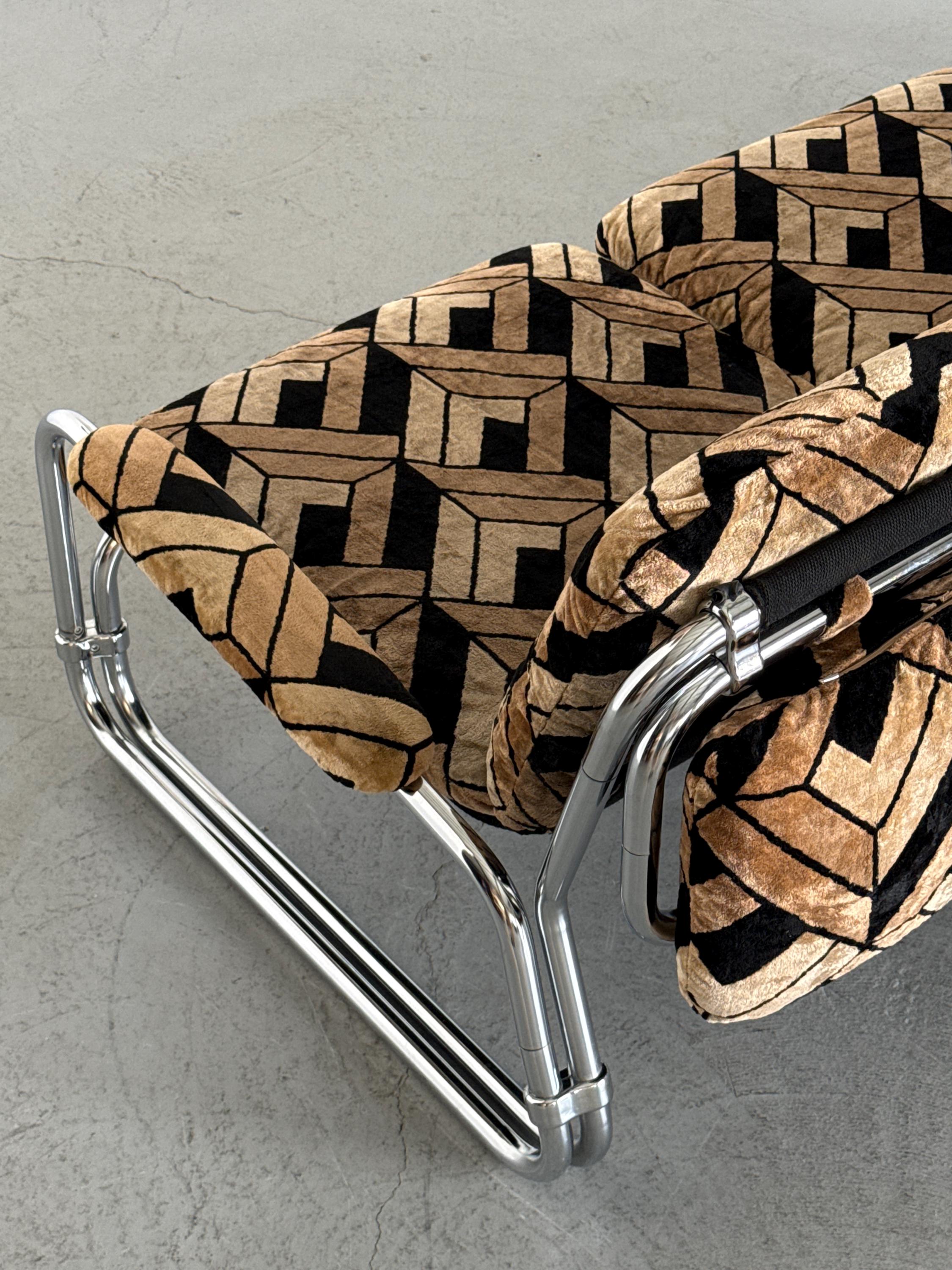 Tubular Steel Chrome Sofa in Geometric Velvet