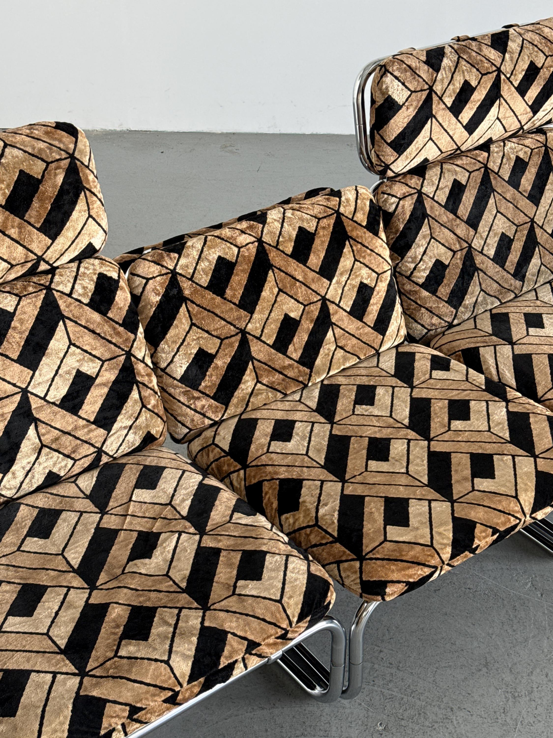 Tubular Steel Chrome Sofa in Geometric Velvet